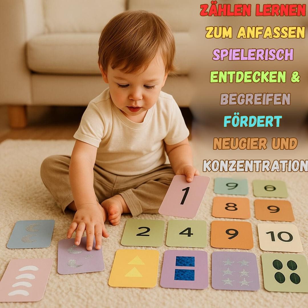 Diyarts Lernspielzeug Sensorische Lernkarten (10 doppelseitige Karten, 10-St., mit fühlbaren Strukturen, Zahlen & Formen), Frühförderung für Motorik, Wahrnehmung & Zählen lernen