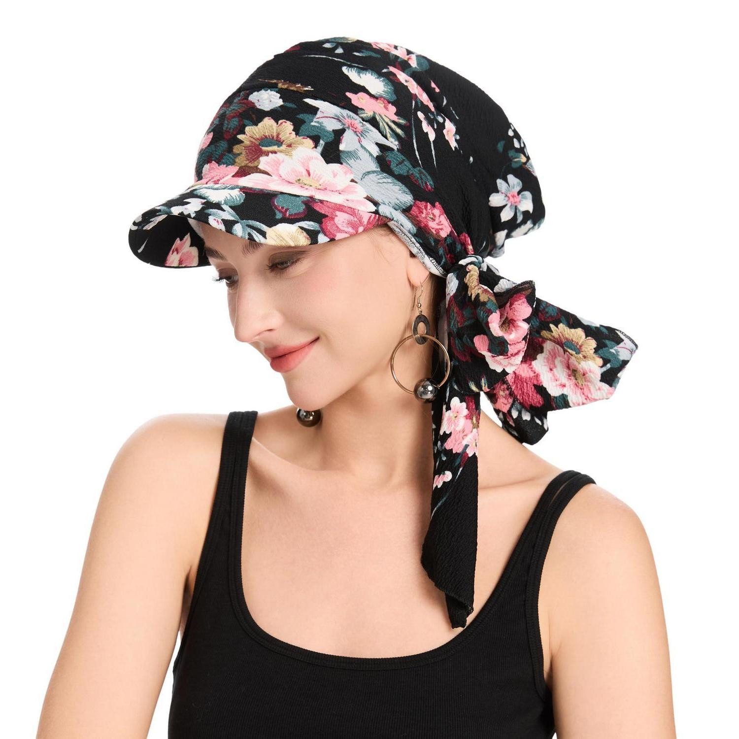 LuxusKollektion Turbanmütze Kopfbedeckung Chemo Damen Mütze Beanie Gebundene Rote Blumen Schwarz