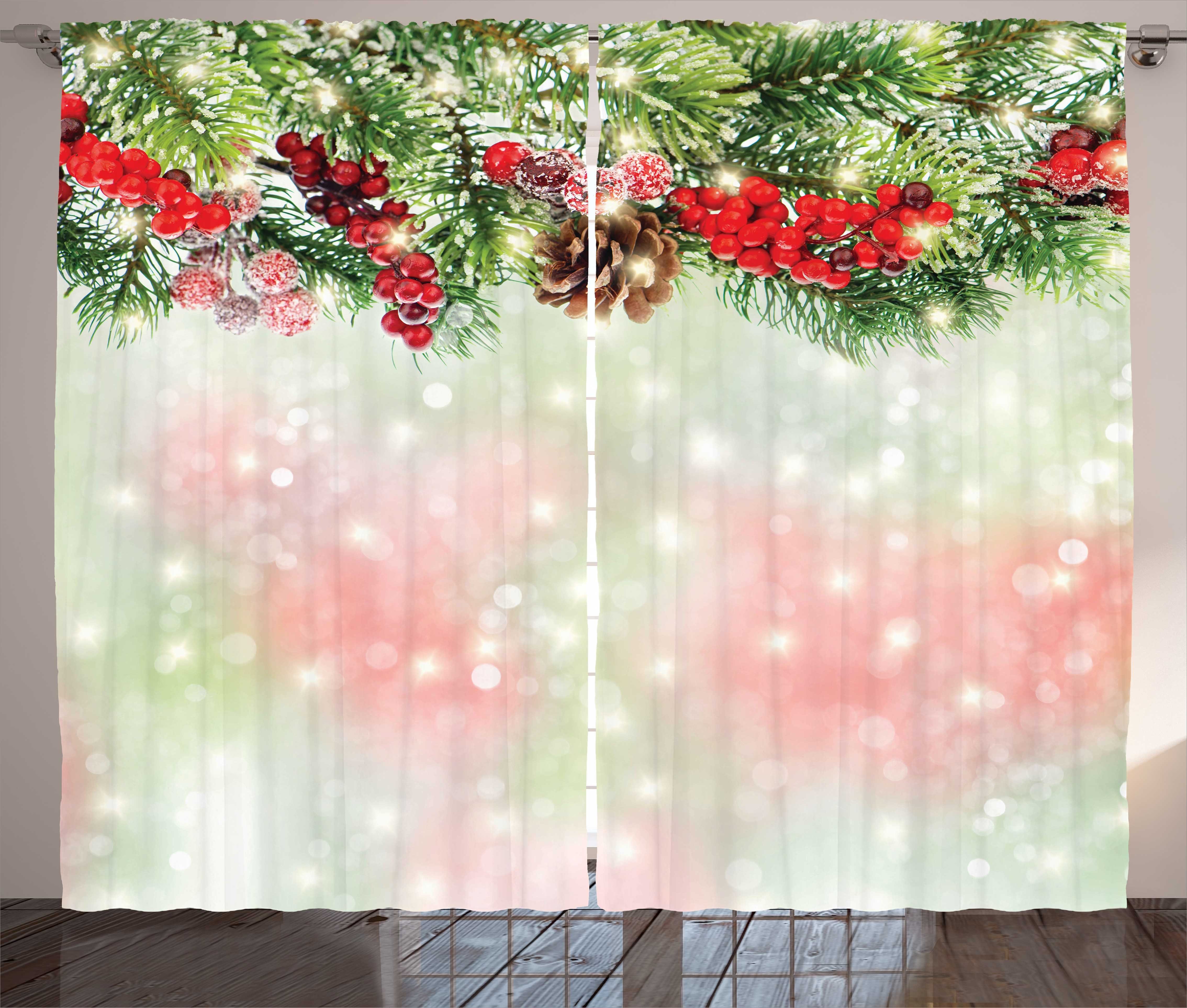 Gardine Schlafzimmer Kräuselband Vorhang mit Schlaufen und Haken, Abakuhaus, Weihnachten Grüne Zweige Holly