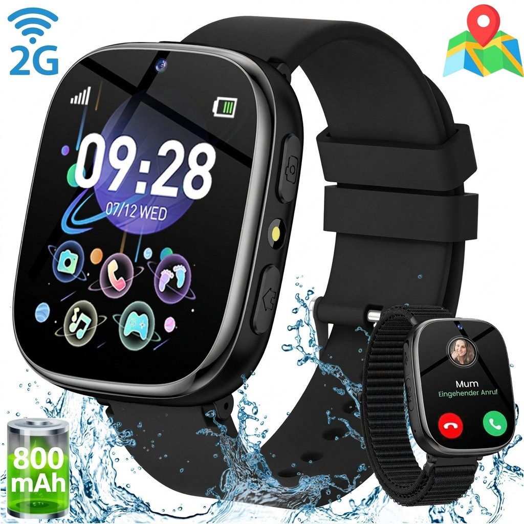 SWGOTA 800mAh 2G Smartwatch Kinder mit Telefonfunktion,Unterstützung für SOS Smartwatch (1,83 Zoll) mit 31 Spiele, Schulmodus,Foto,Video,Wecker, IP68 Fitness Tracker Kompatibel mit Android und iOS
