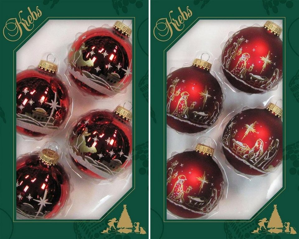 Krebs Glas Lauscha Weihnachtsbaumkugel Heilige Nacht, Weihnachtsdeko rot,  Christbaumschmuck (8 St), hochwertige Christbaumkugeln aus Glas,  mundgeblasen
