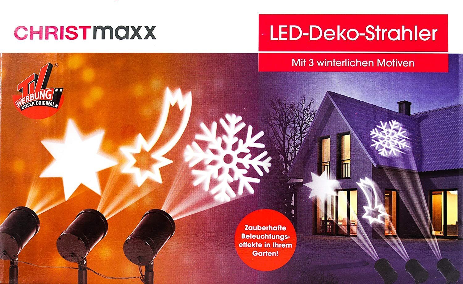 CHRISTmaxx LED Motivstrahler mit 3 winterlichen Motiven, Spritzwassergeschützt & wetterbeständig, Timerfunktion, Led Außen Strahler Starlicht Outdoor 6W Timer, Weinachten