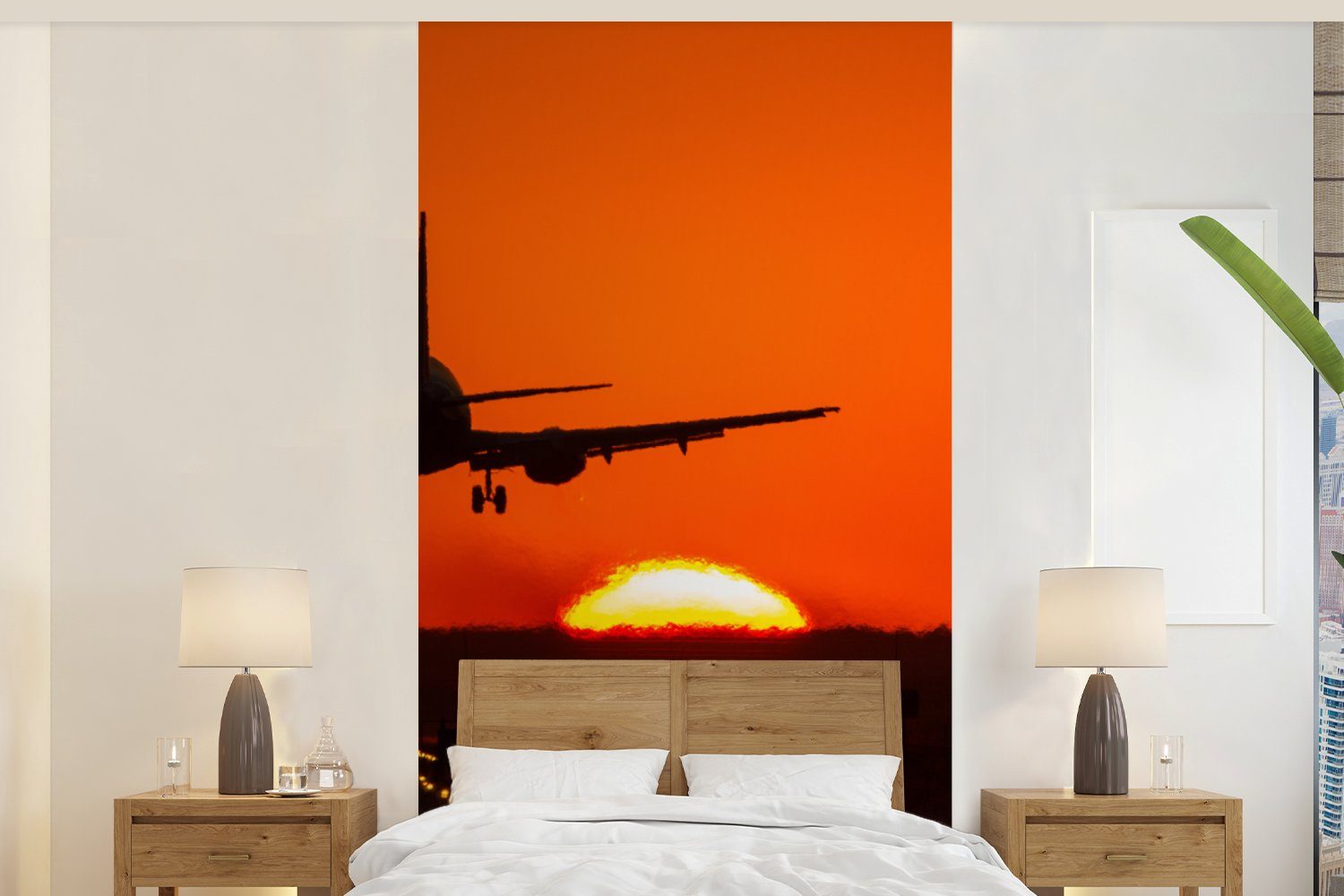 MuchoWow Fototapete Sonnenuntergang - Flugzeug - Orange - Sonne, Matt, bedruckt, (2 St), Vliestapete für Wohnzimmer Schlafzimmer Küche, Fototapete