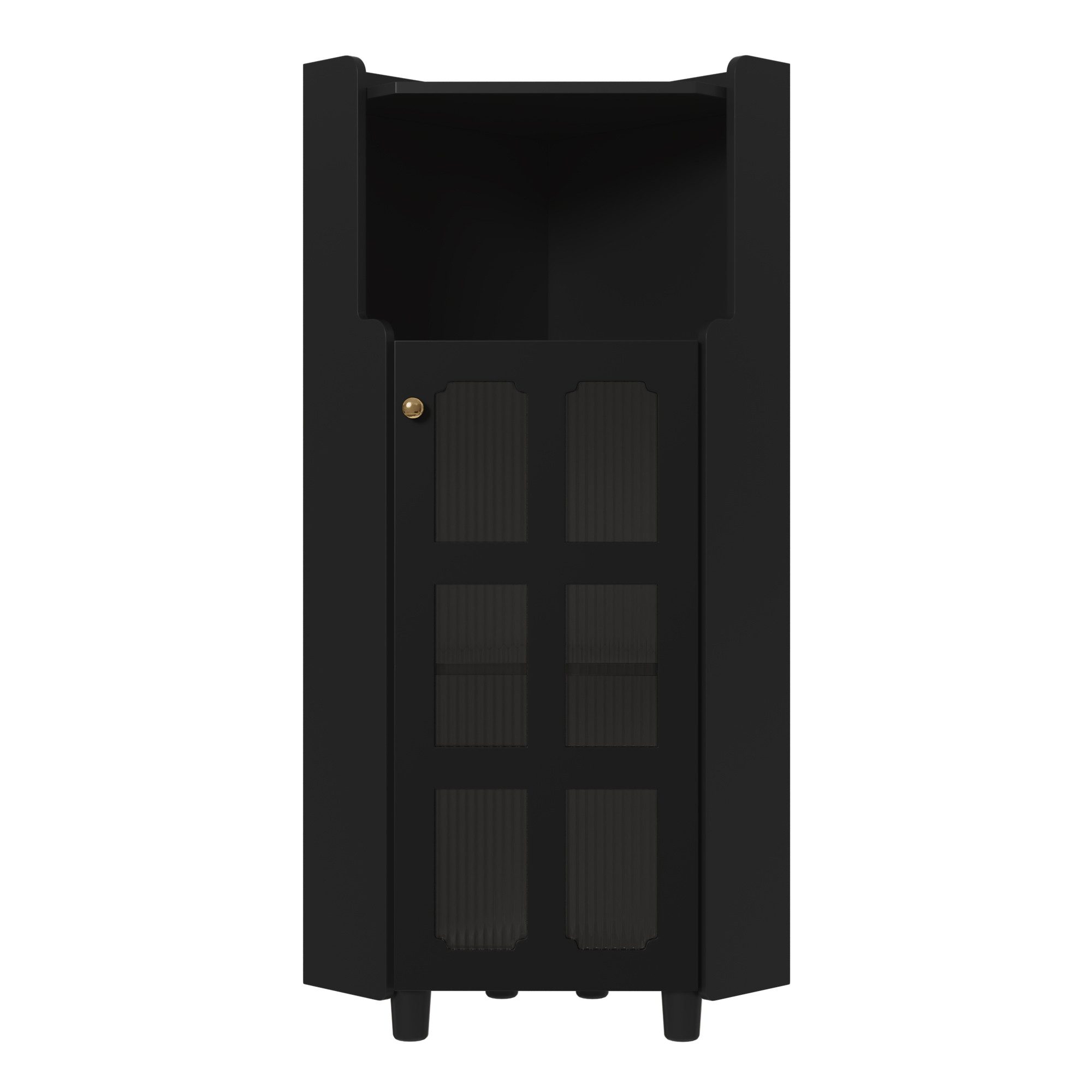 Flieks Eckschrank mit LED-Beleuchtung und Glastüren (1-St., B63,5x45x45xH124 cm) Mehrzweckschrank Hochschrank Badkommode Eckregal Schwarz – Bild 4 von 5