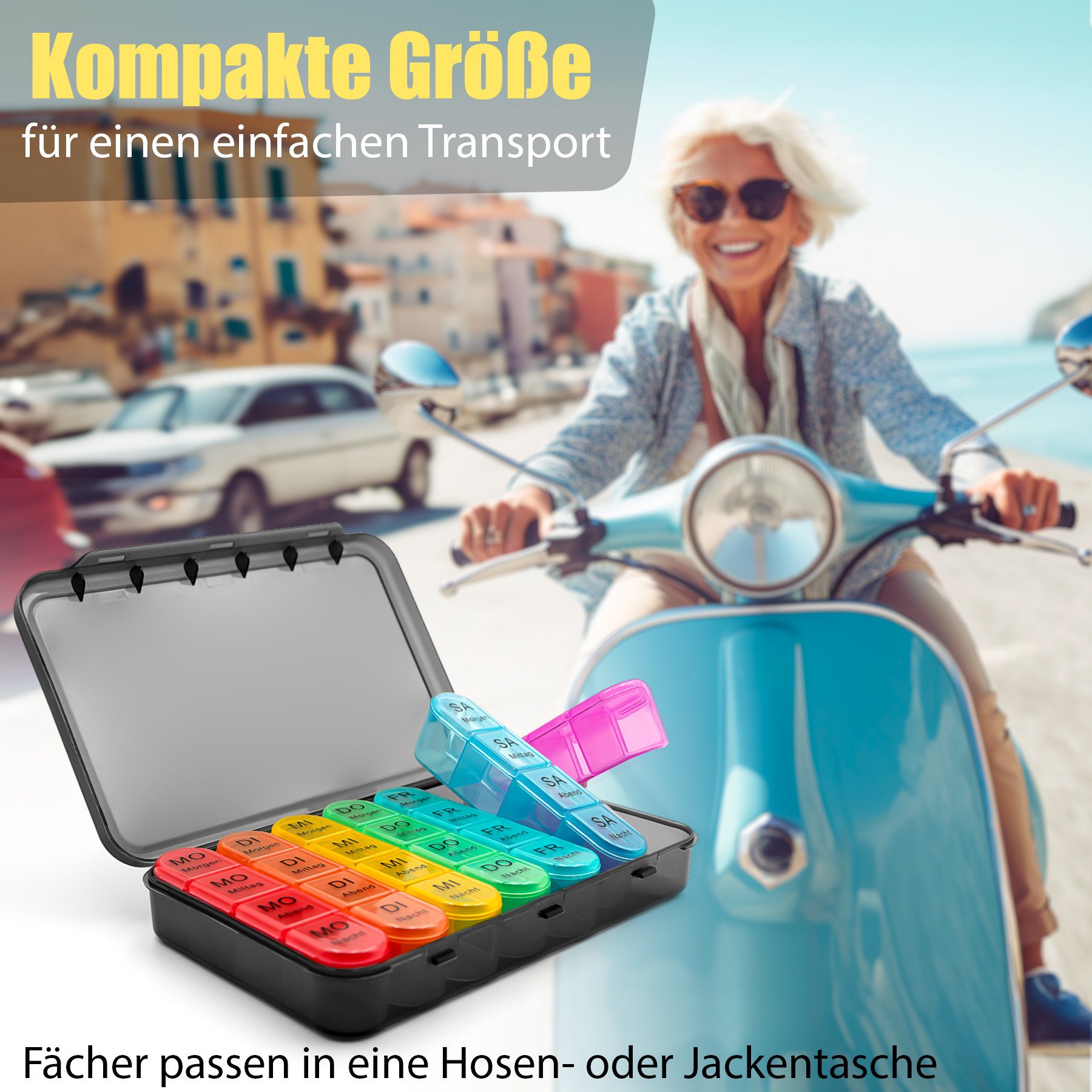 BigDean Pillendose 2 Stück Tablettenbox 7 Tage/ 4 Fäch luftdicht & lebensmittelecht (Set, 2 St., Tablettensortimentbox), Tablettenbox, 7 Tage Sortiment, Luftdicht, Lebensmittelecht