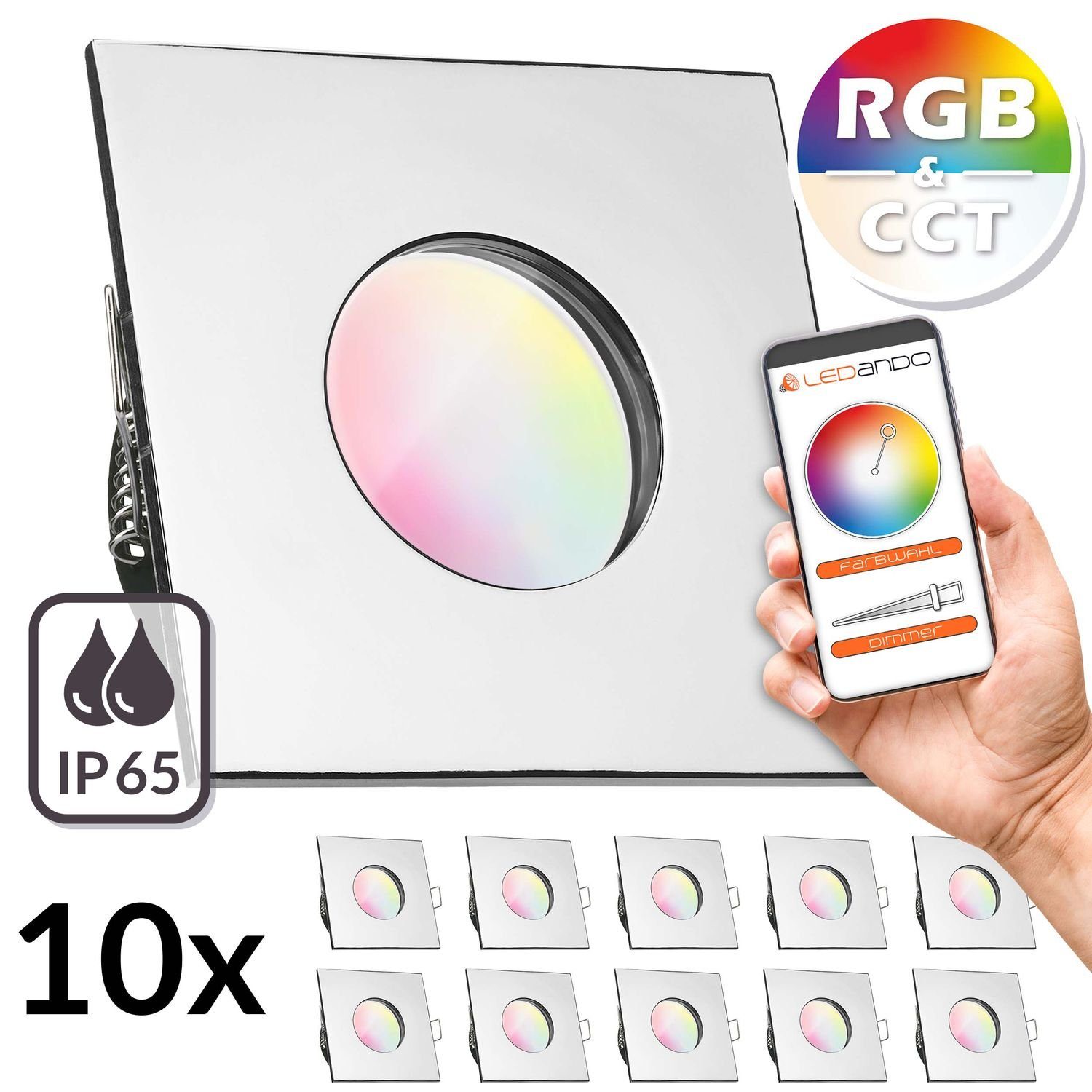 L RGB extra IP65 10er Einbaustrahler Set CCT LED Einbaustrahler LED LEDANDO mit 5W flach chrom in