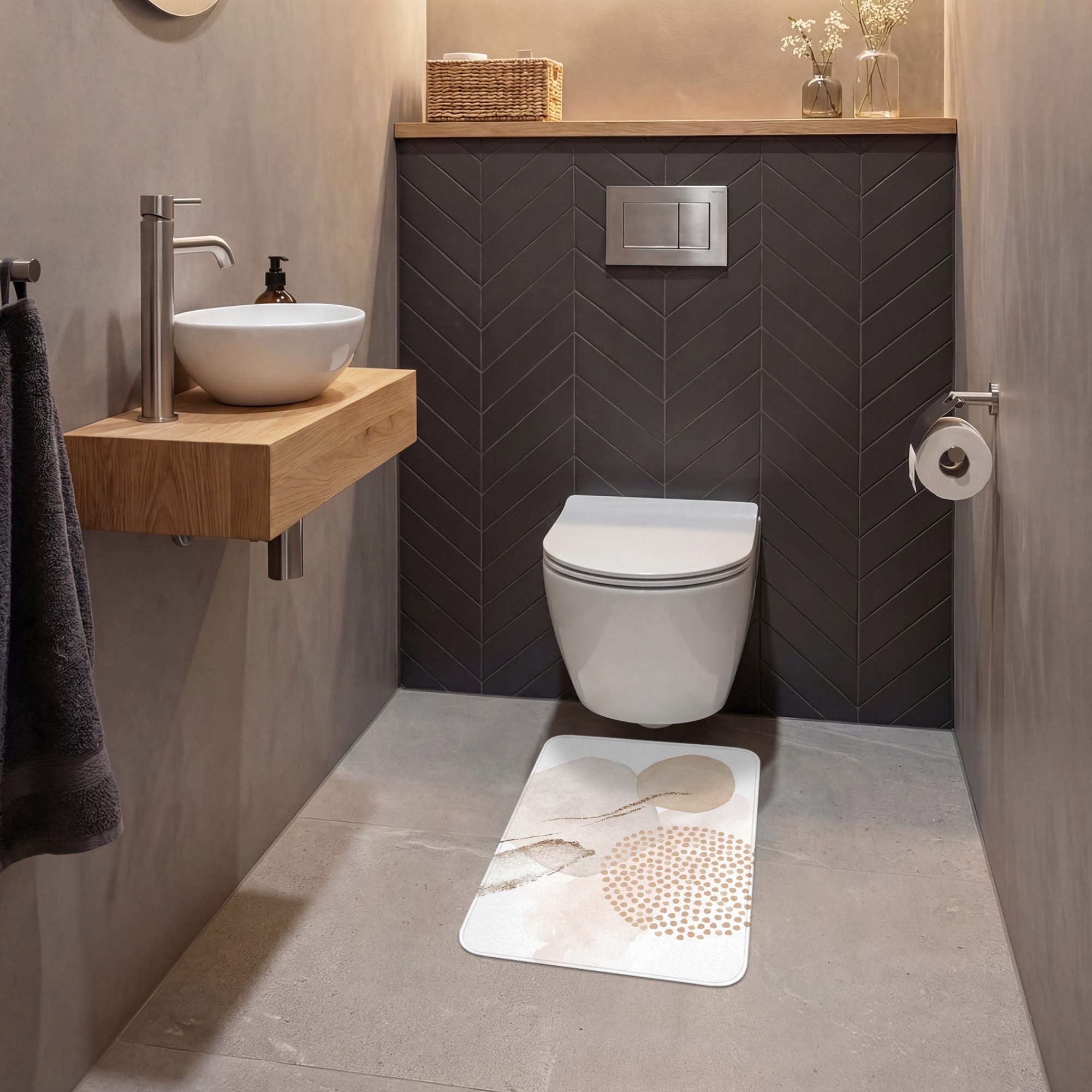 OnlyWow WC-Vorleger Aquarell - Beige - Pastell - Modern - Abstrakt, Höhe 10 mm, Polyester, Rechteckig, WC Teppich, Toilettenvorleger, Toilettenteppich, Badematt – Bild 4 von 5