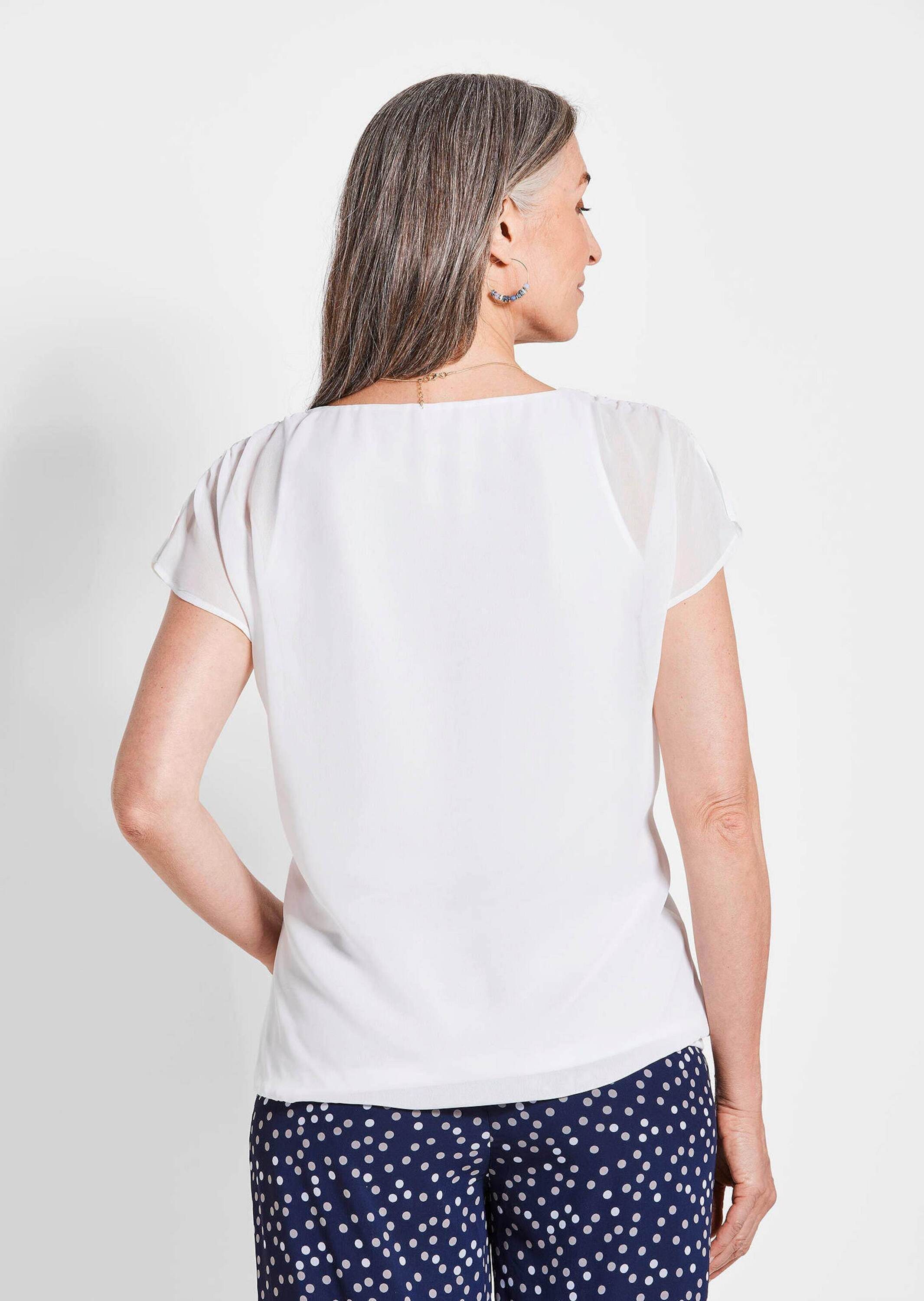 GOLDNER Shirtbluse Kurzgröße: Luftige Bluse mit Chiffon, Kurzarm Semitransparentes elegantes Oberteil mit U-Boot-Ausschnitt