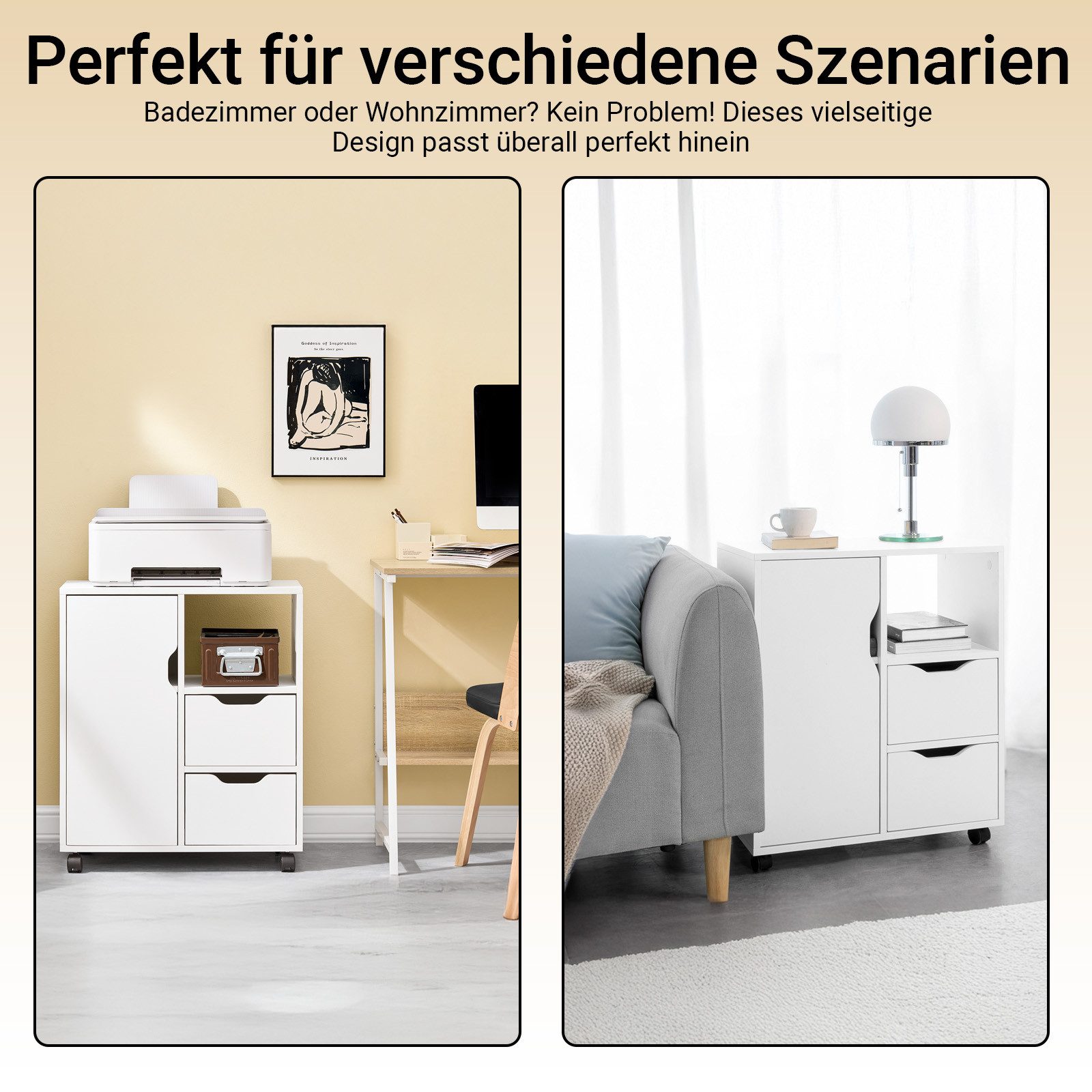 SoBuy Rollcontainer FBT105, Druckertisch Unterschrank Aktenschrank Bürocontainer Büromöbel, Rollcontainer auf Rollen, Beistellwagen, mit 2 Schubladen und 1 Tür