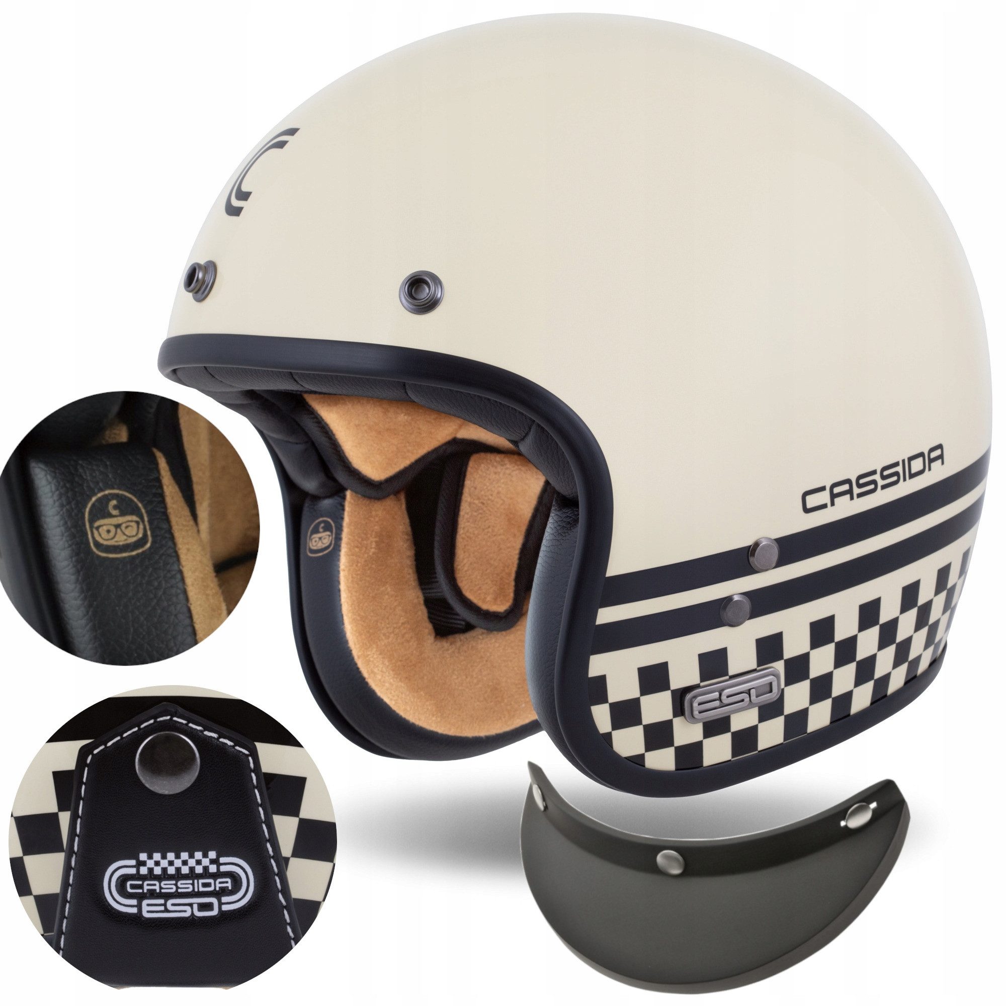 Cassida Helmets Motorradhelm Eso Forty Nine elfenbein/schwarz Chopper-Cruiser Helm (Premium-Helm), leichter Glasfaserhelm in 5 Schalengrößen erhältlich