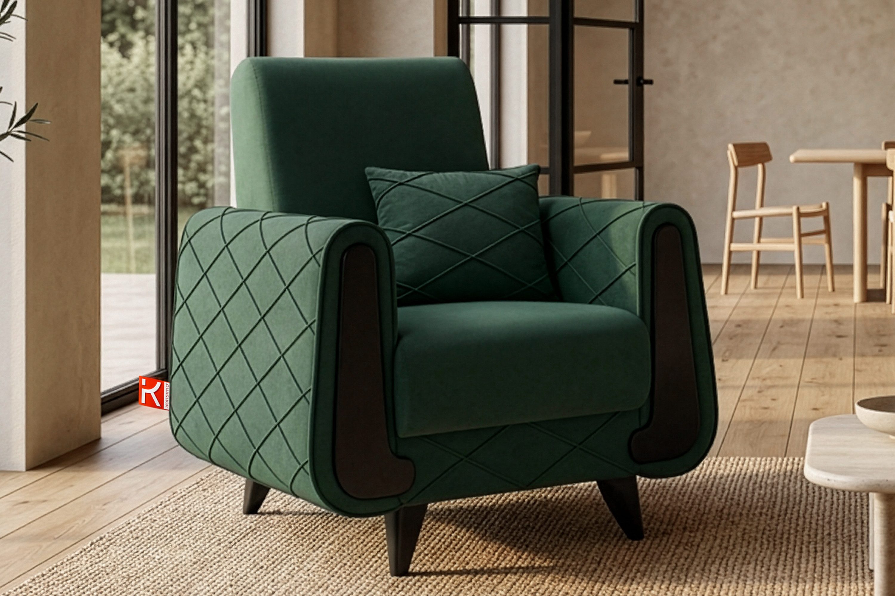 KONSIMO® Sessel Einzelsessel GUSTAVO III mit Armlehnen, hergestellt in der EU, mit Zierkissen, eleganten Nähten, Dekorative Elemente in Holzoptik