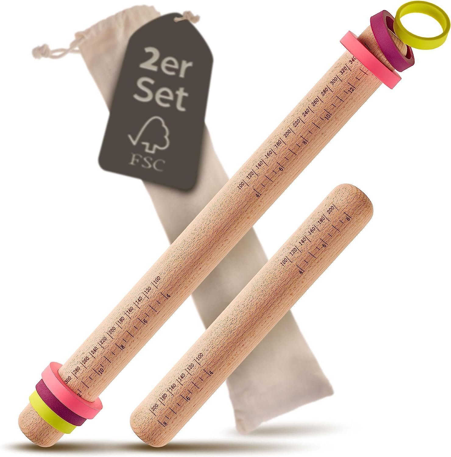 Praknu Nudelholz Nudelholz mit Abstandshalter - 2er Set - Teigroller aus FSC® Holz Buchenholz, (2er Set, 2-tlg), Teigroller aus nachhaltigem FSC Holz, Für gleichmäßiges Ausrollen