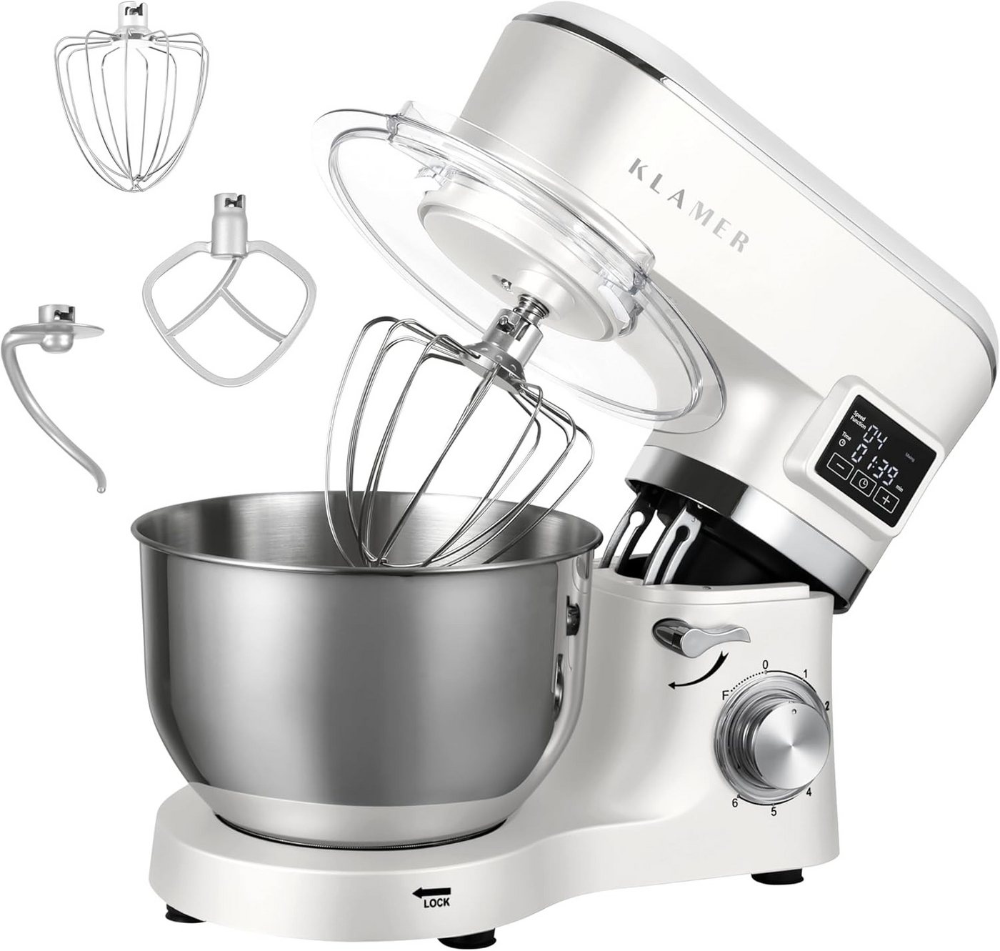 KLAMER Küchenmaschine 1400W, Knetmaschine mit 5,5 Liter Edelstahl Schüssel, 6 Geschwindigkeitsstufen mit Timer, Rührbesen, Knethaken, Schneebesen und Spritzschutz, creme, 1400 W, 5,5 l Schüssel, Spritzschutz, 3 Aufsätze, Saugfüße, digitales Display, Timer