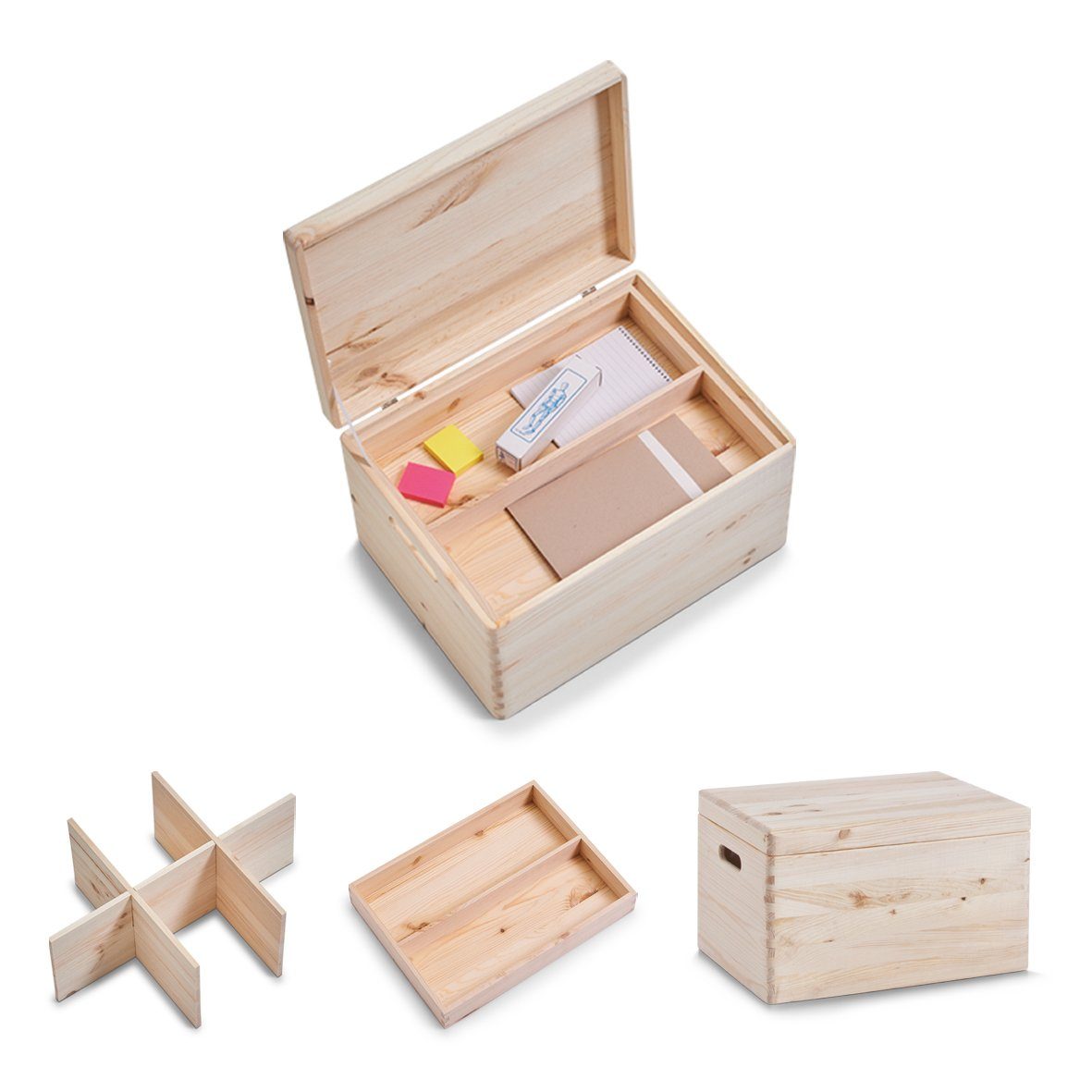 Zeller Present Aufbewahrungskorb Allzweckkisten-Set m. Deckel, 3-tlg., Nadelholz, Naturholz, 40 x 30 x 24 cm