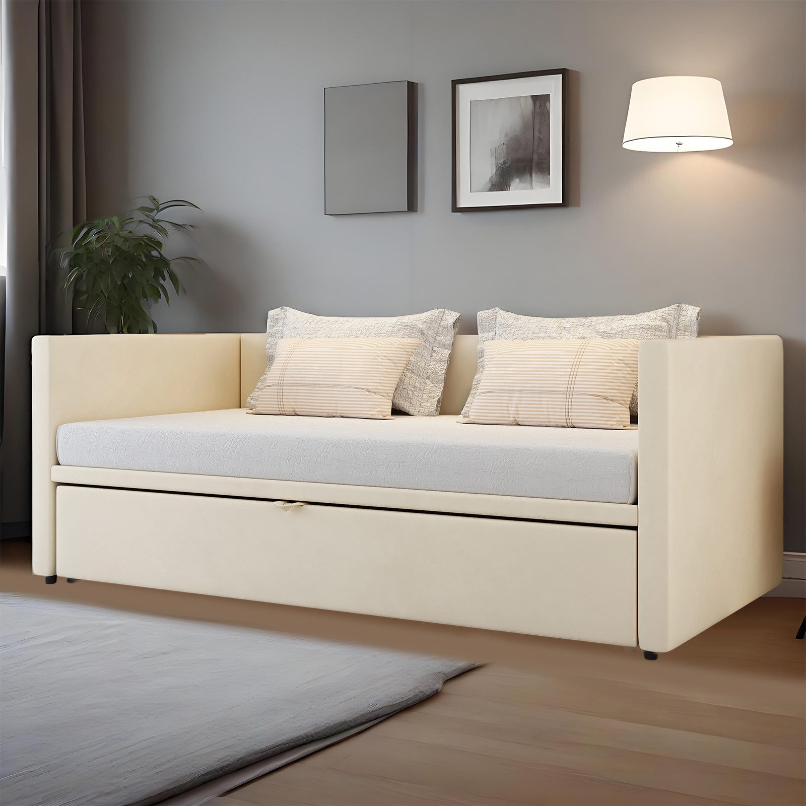 MODFU Bett Polsterbett 90/180x200 cm aus hautfreundlichem Samt (Ausziehbar mit Lattenrost, Multifunktionales Kinderbett Funktionsbett), ohne Matratze