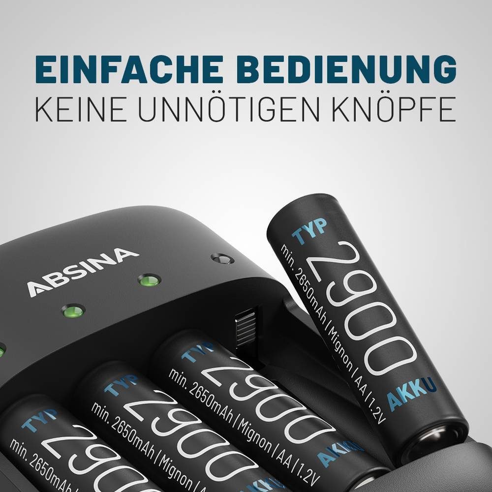 ABSINA Ladegerät 301001 Rundzellen-Lader (Akku-Defekt Erkennung, Auffrischen / Regenerieren)
