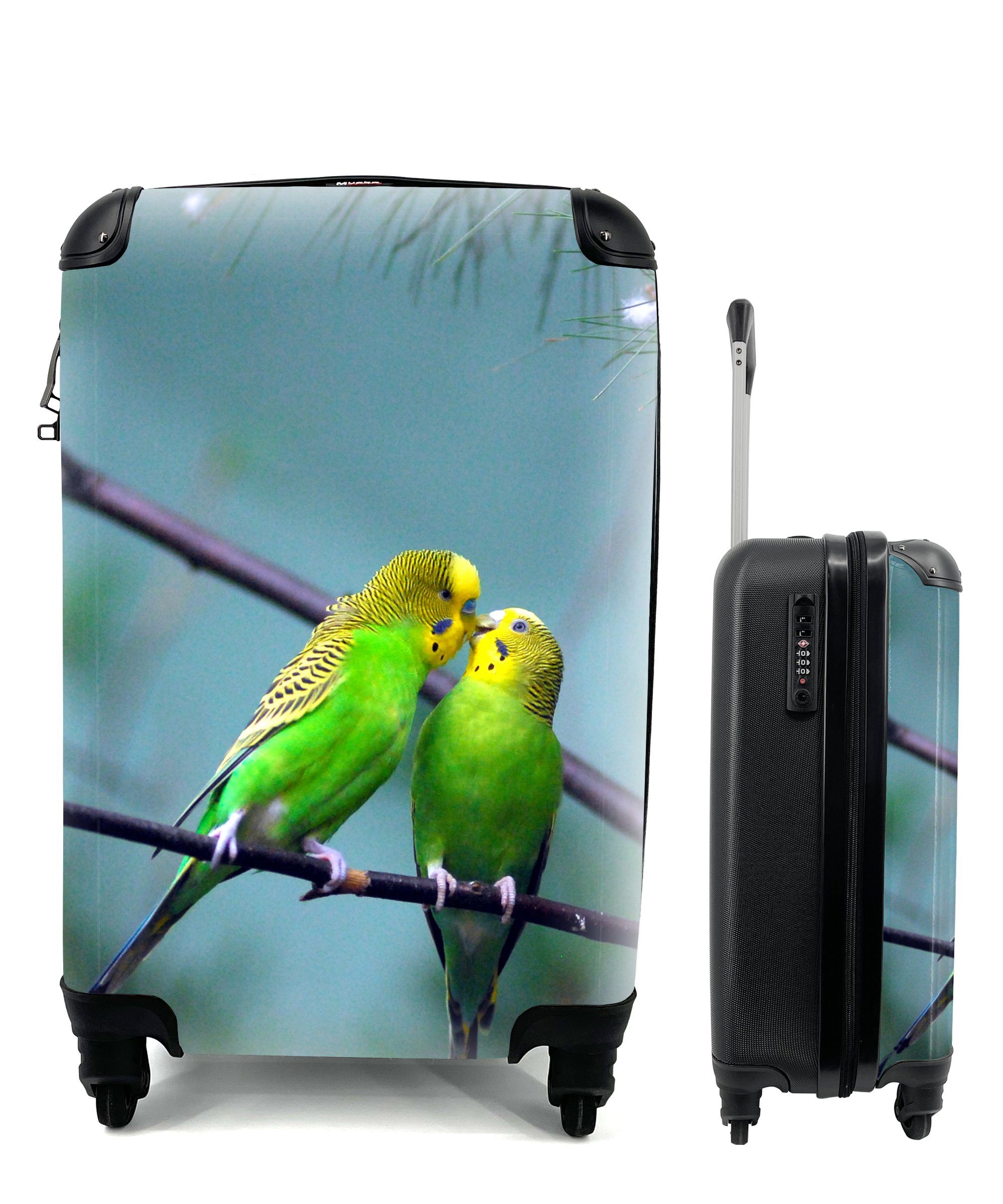 MuchoWow Handgepäckkoffer Zwei leuchtend grüne Sittiche auf einem Ast, 4 Rollen, Reisetasche mit rollen, Handgepäck für Ferien, Trolley, Reisekoffer