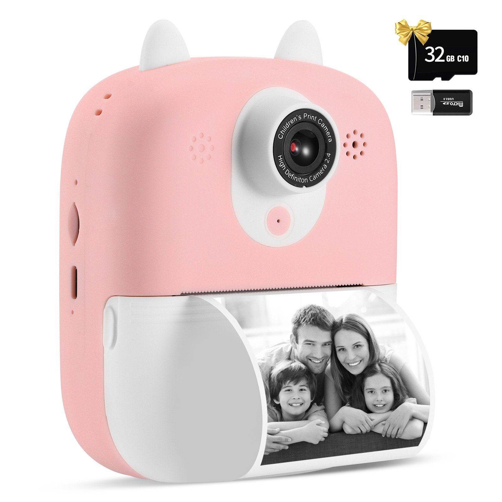 BlingBin Sofortbildkamera Kinder mit 32G TF Karte & 3 Rolle Druckpapier Sofortbildkamera (12 MP, inkl. 2,4 Zoll Sofortbildkamera, 1080P HD Digitalkamera Kinder für Jungen und Mädchen, Rosa)