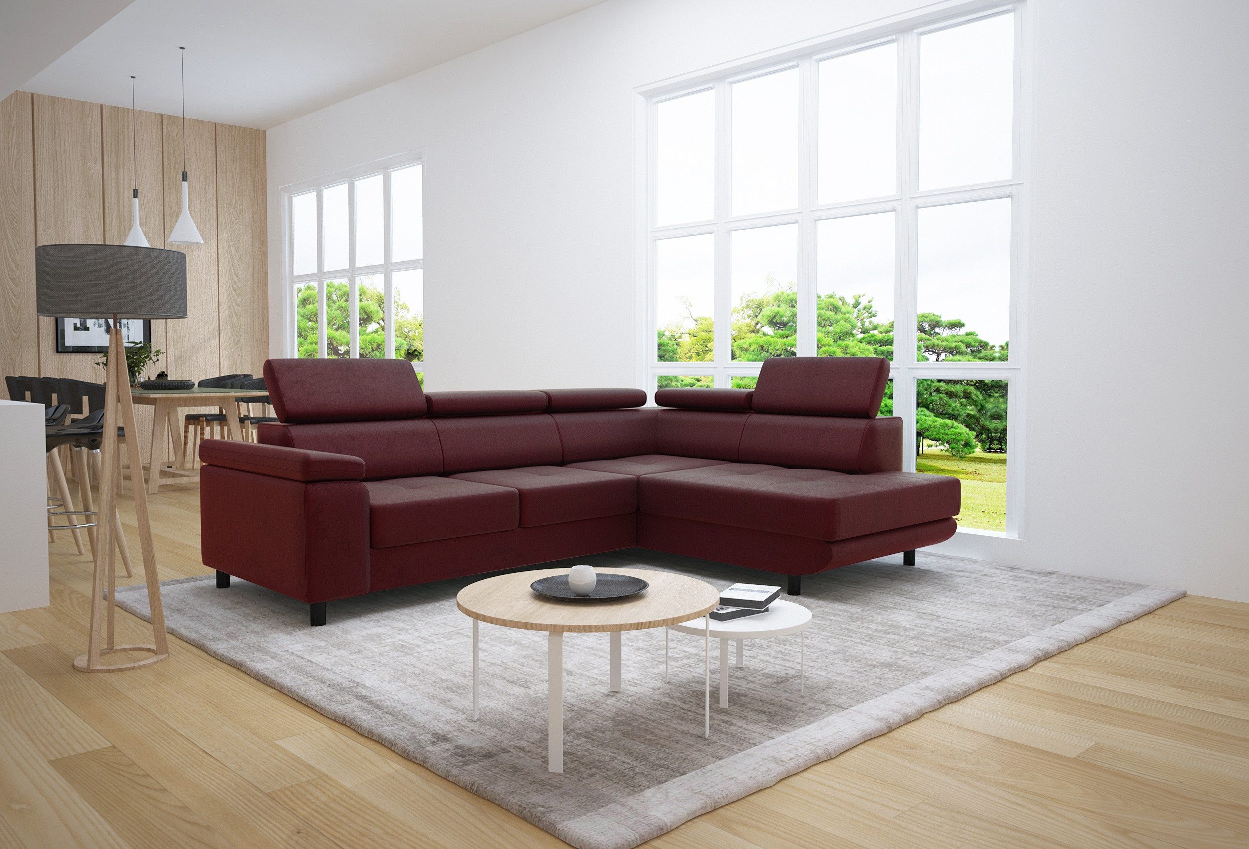 thematys Ecksofa LUNA L mit Schlaffunktion & Bettkasten – aus Velours oder Cord Stoff, mit 5 verstellbaren Kopfstützen, – L-Form 250×183 cm – Schlafsofa mit Auszug