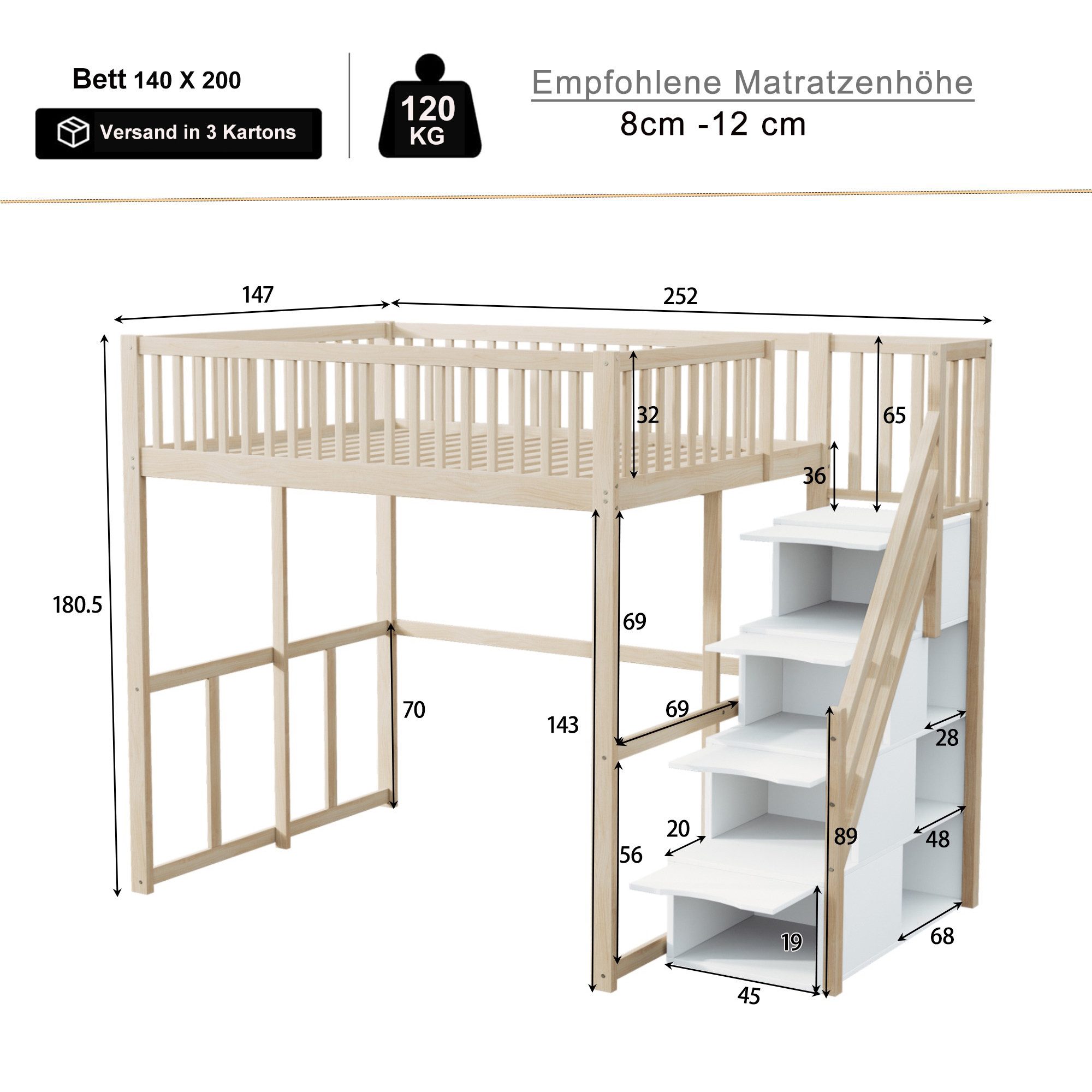Odikalo Hochbett Hochbett mit Stauraum & Treppe, Weißes Holzbett aus Massiver Kiefer (Hochbett 140x200 / 90x200 cm mit Sicherheitsaufbewahrungsleiter, Sicherhei – Bild 3 von 5