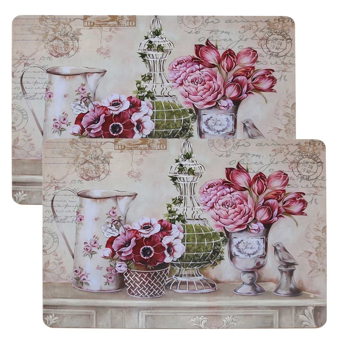 LS-LebenStil Platzset 2x Kork Tischset Platzset Vintage Blumen 40x30cm abwaschbar Rechteck, (Platzmatte abwaschbar Korkunterseite, 2-St., Placemate Tisch Untersetzer Unterlage Teller Geschirr Vasen)