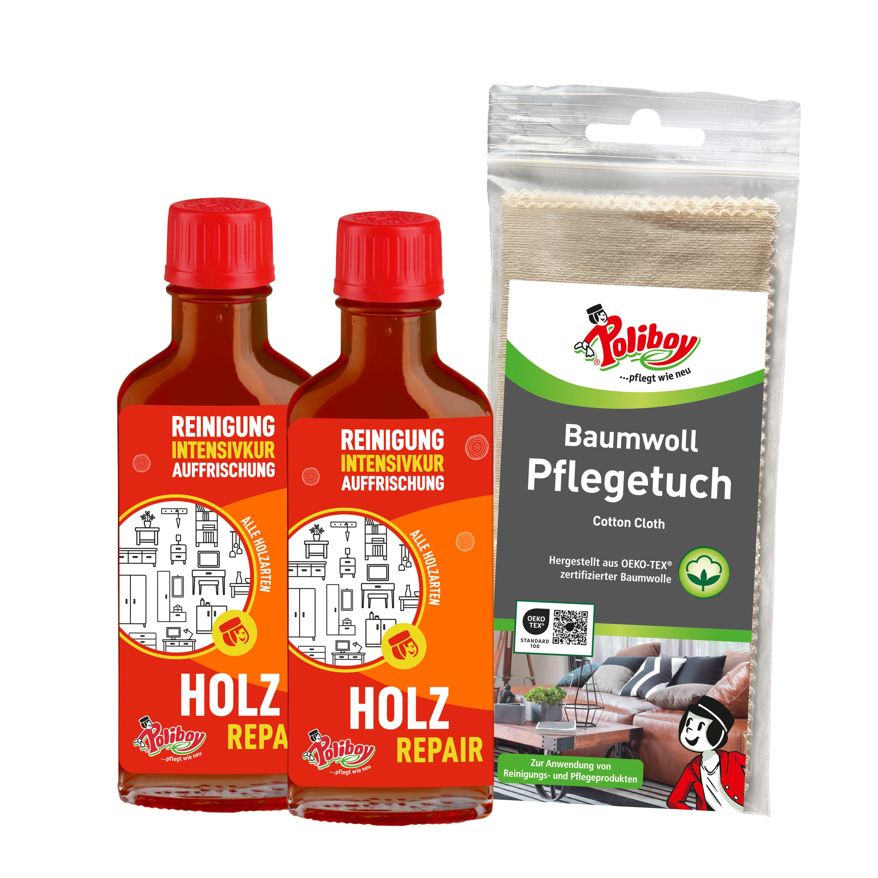 poliboy 99A2501, Holz Repair - 2x100ml - mit Baumwolltuch Holzreiniger (aufpeppende Möbelpolitur für lackiertes Holz - Made in Germany)