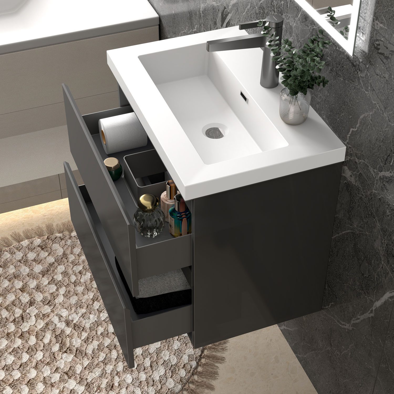 duschspa Waschtisch Waschbecken mit Unterschrank Badmöbel Set Badschrank Waschplatz, Hochglanz, 50-120cm