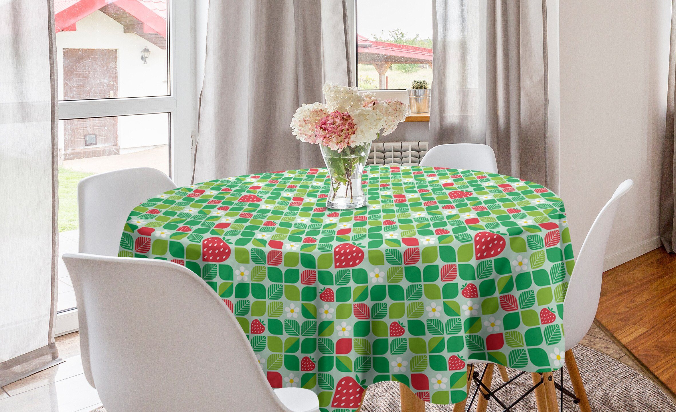 Abakuhaus Tischdecke Kreis Tischdecke Abdeckung für Esszimmer Küche Dekoration, Frühling Daisy Strawberry Leaves Kunst