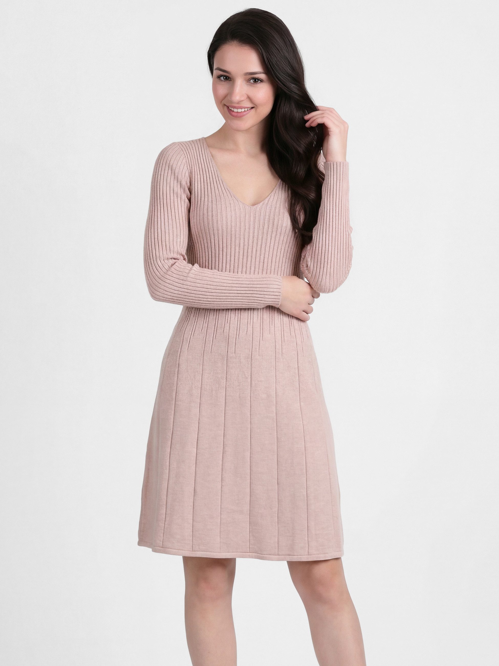 PEKIVESSA Strickkleid Kurzes Ripp-Strickkleid tailliert mit feminin tiefem V-Ausschnitt