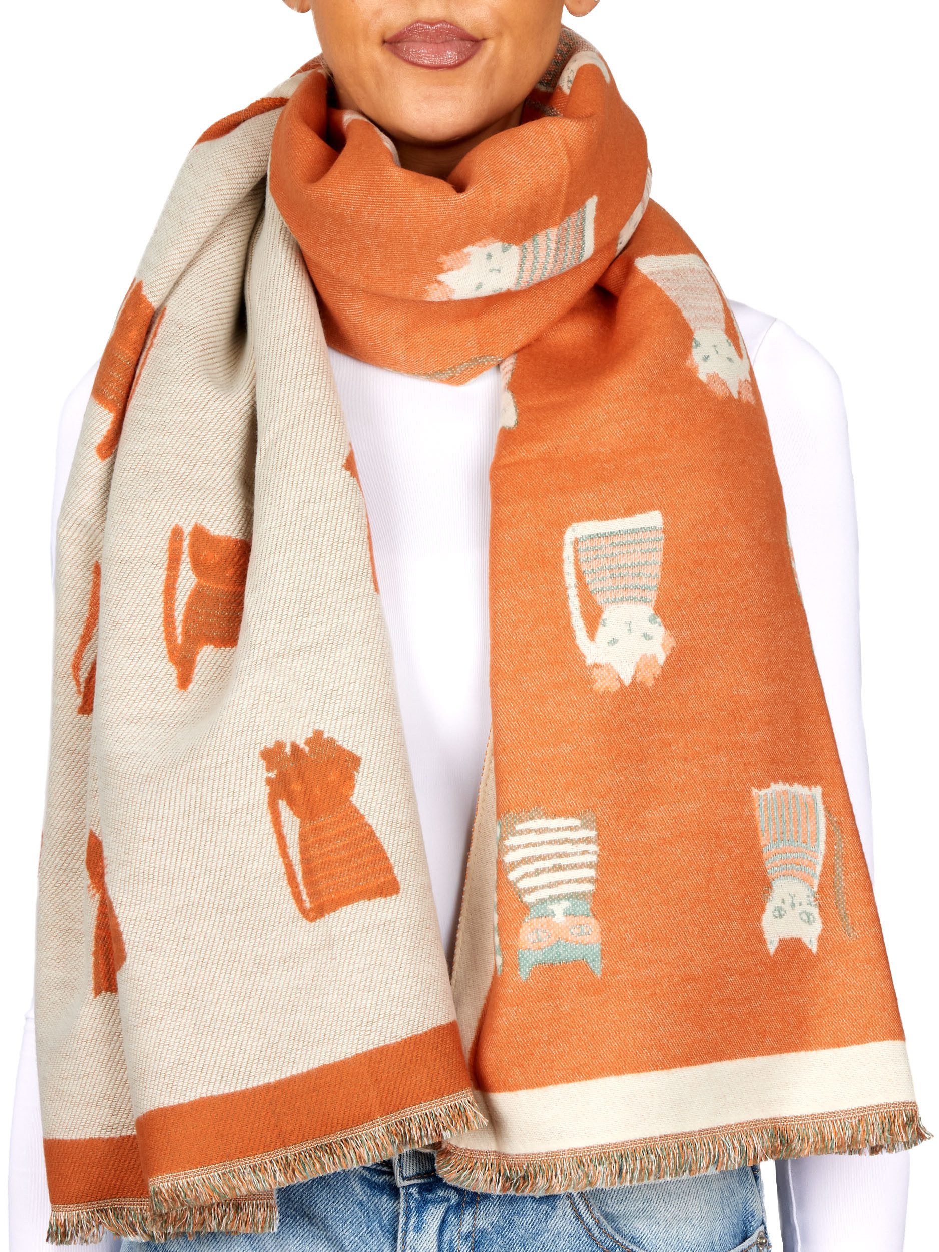 BRUBAKER Schal Cashmirillo Damen Schal mit Katzen Muster - 70 x 200 cm, (Herbstschal Winterschal, 1-St. Weiches Kaschmir-Gefühl), Warm, Kuschelig und Oversized - Damenschal für Herbst und Winter