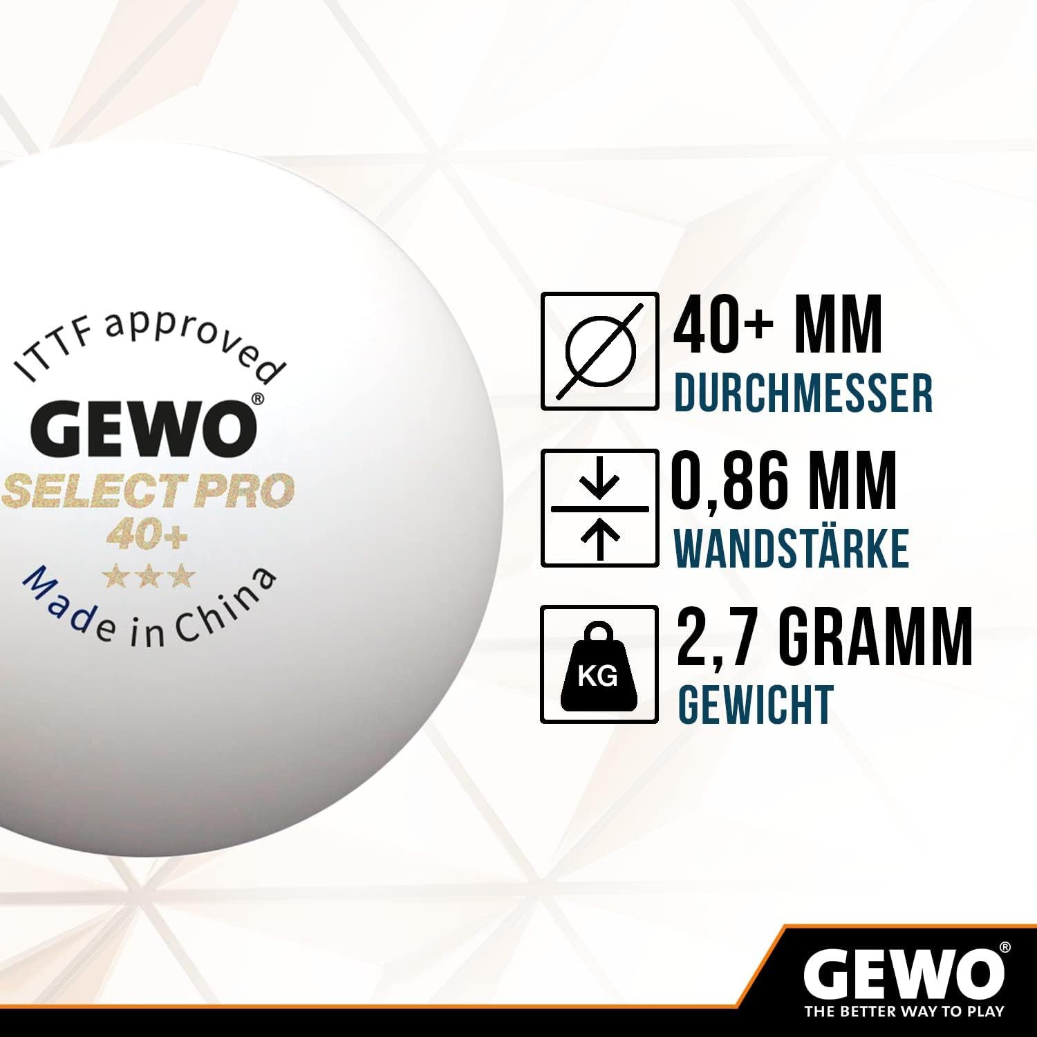 Gewo Tischtennisball 3 St., ITTF Select Pro Wettkampf Bälle, 3 Sterne, mit Naht, weiß (3-St)