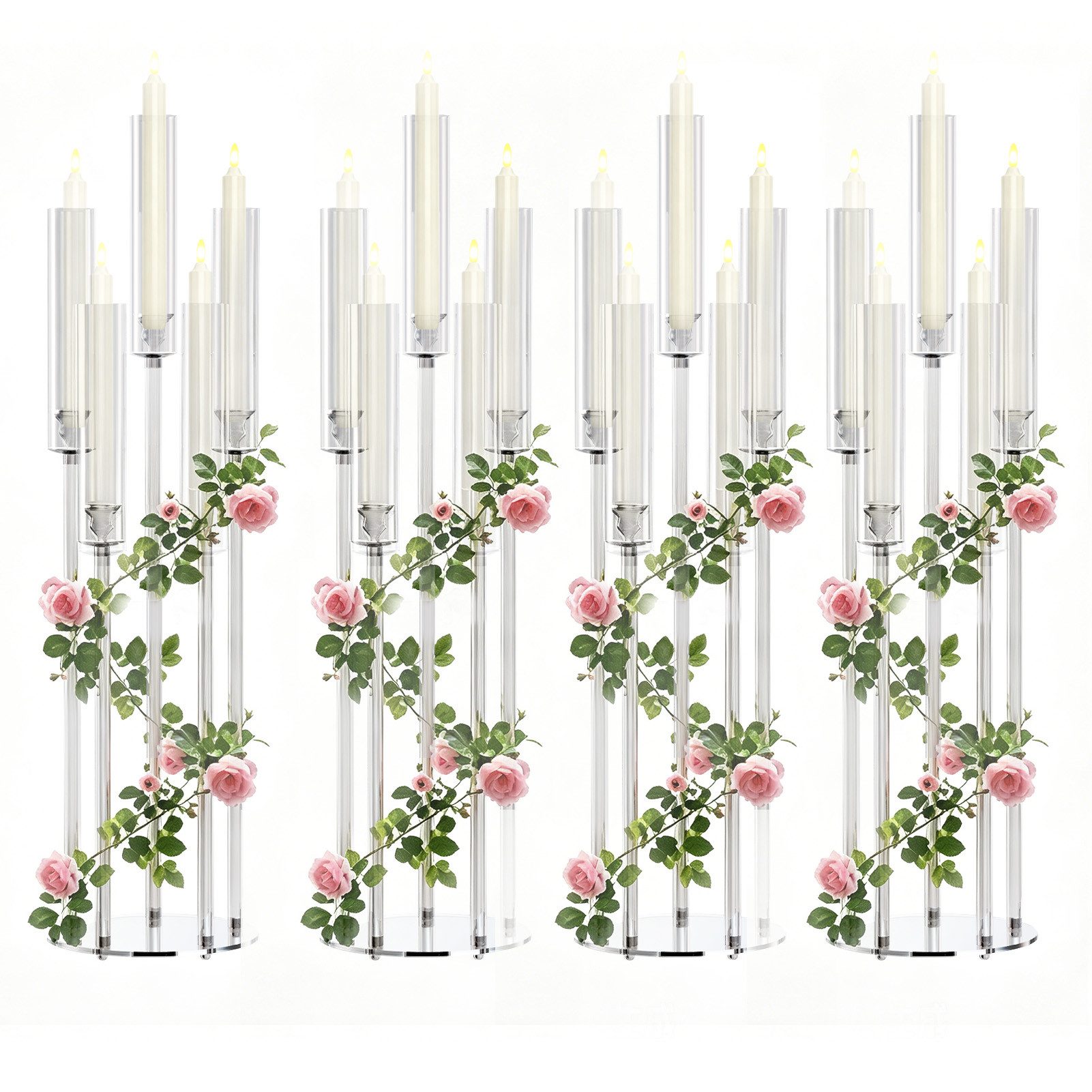 Rutaqian Teelichthalter Kerzenständer, 4-teiliges Acryl-Kerzenständer-Set (5-armig), Transparente Tischdekoration für Hochzeitsfeiern