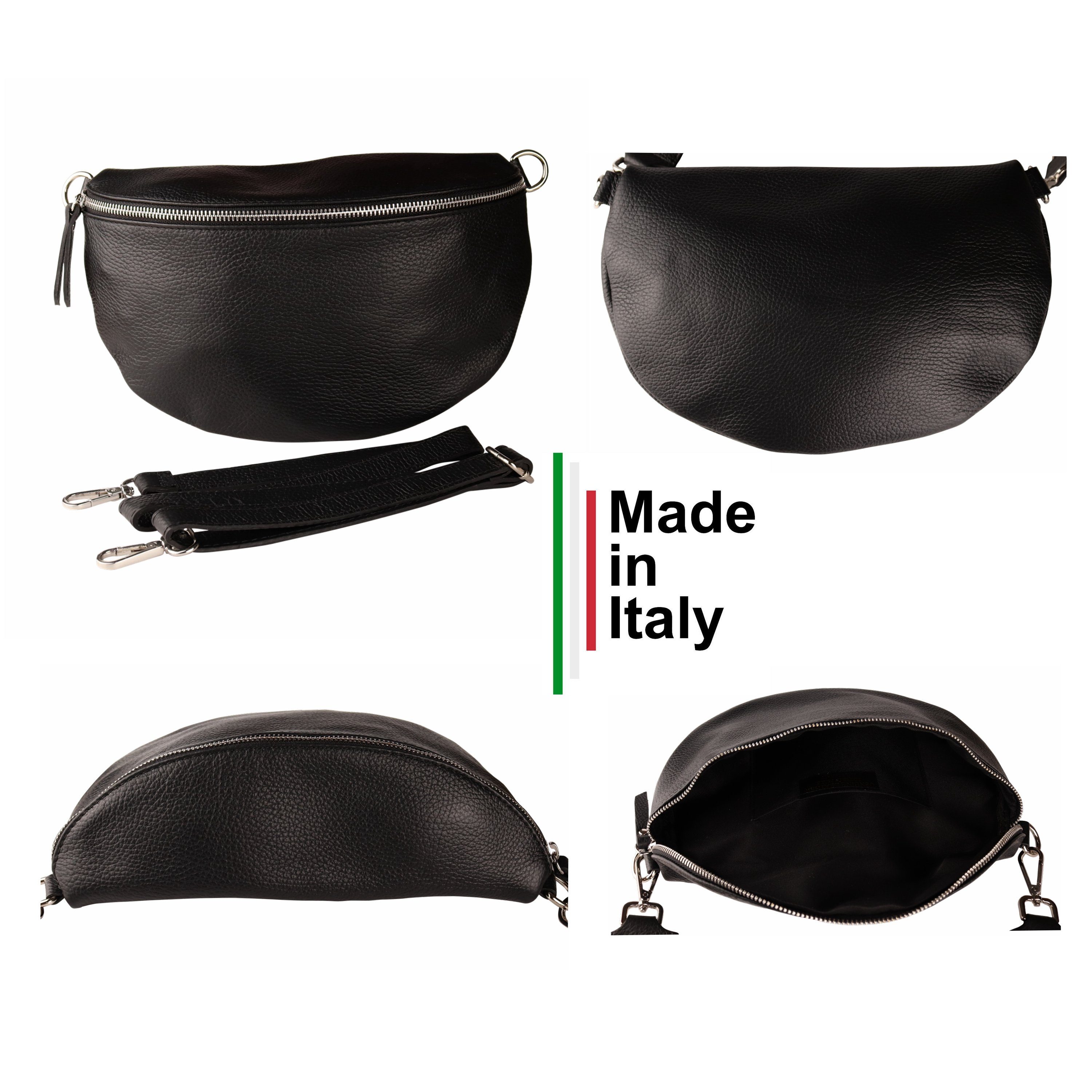 MIRROSI Bauchtasche Damen, Echtleder, Made in Italy, Umhängetasche, Brusttasche, (Schultertasche für jeden Anlass (1 Tasche & 2 Gurte), Crossbody Bag, Schwarz, gemusterten& verstellbaren Schulterriemen