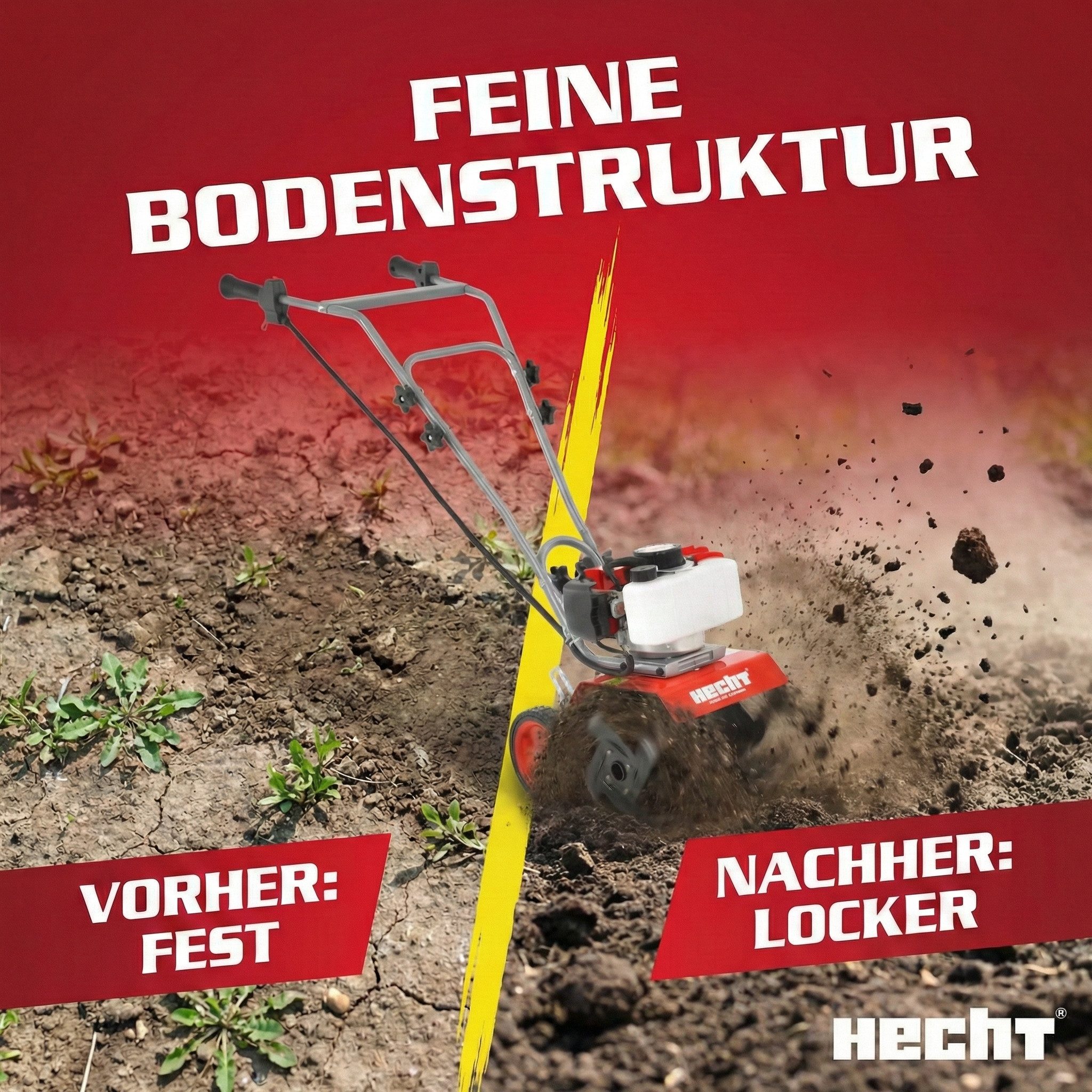 Hecht Benzinmotorhacke Gartenfräse 2 PS 9000 U/min 51,7cm³ Gartenhacke Motorfräse, 25 cm Arbeitsbreite, 19,5 cm Arbeitstiefe