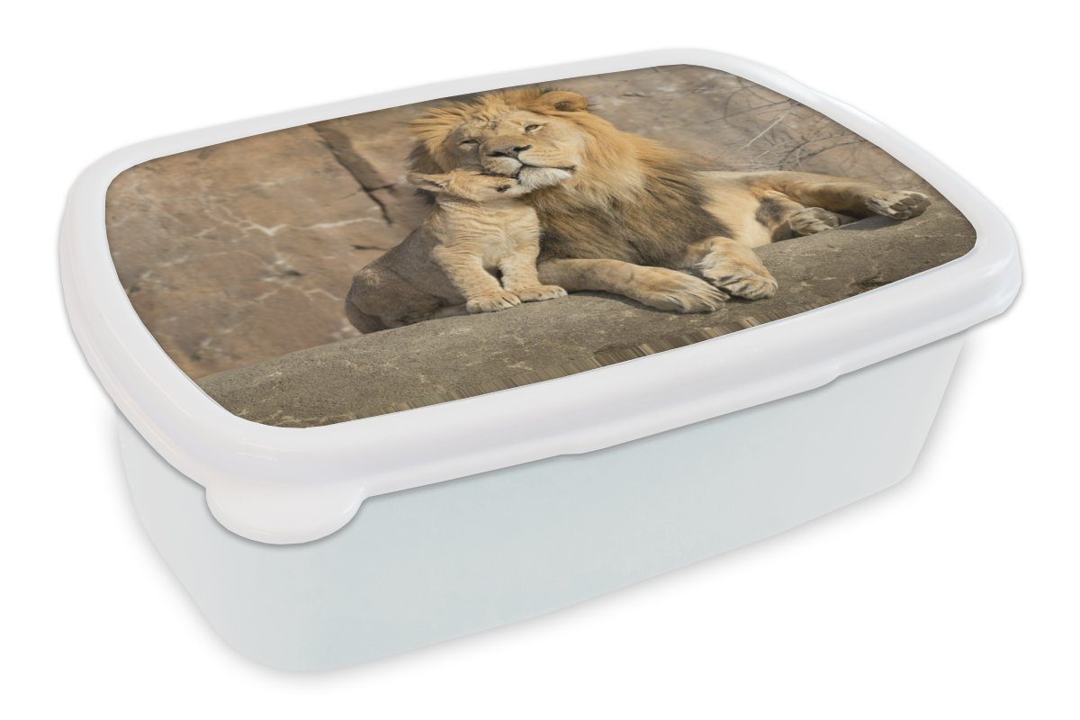 MuchoWow Lunchbox Löwen - Steine - Porträt, Kunststoff, (2-tlg), Brotbox für Kinder und Erwachsene, Brotdose, für Jungs und Mädchen weiß