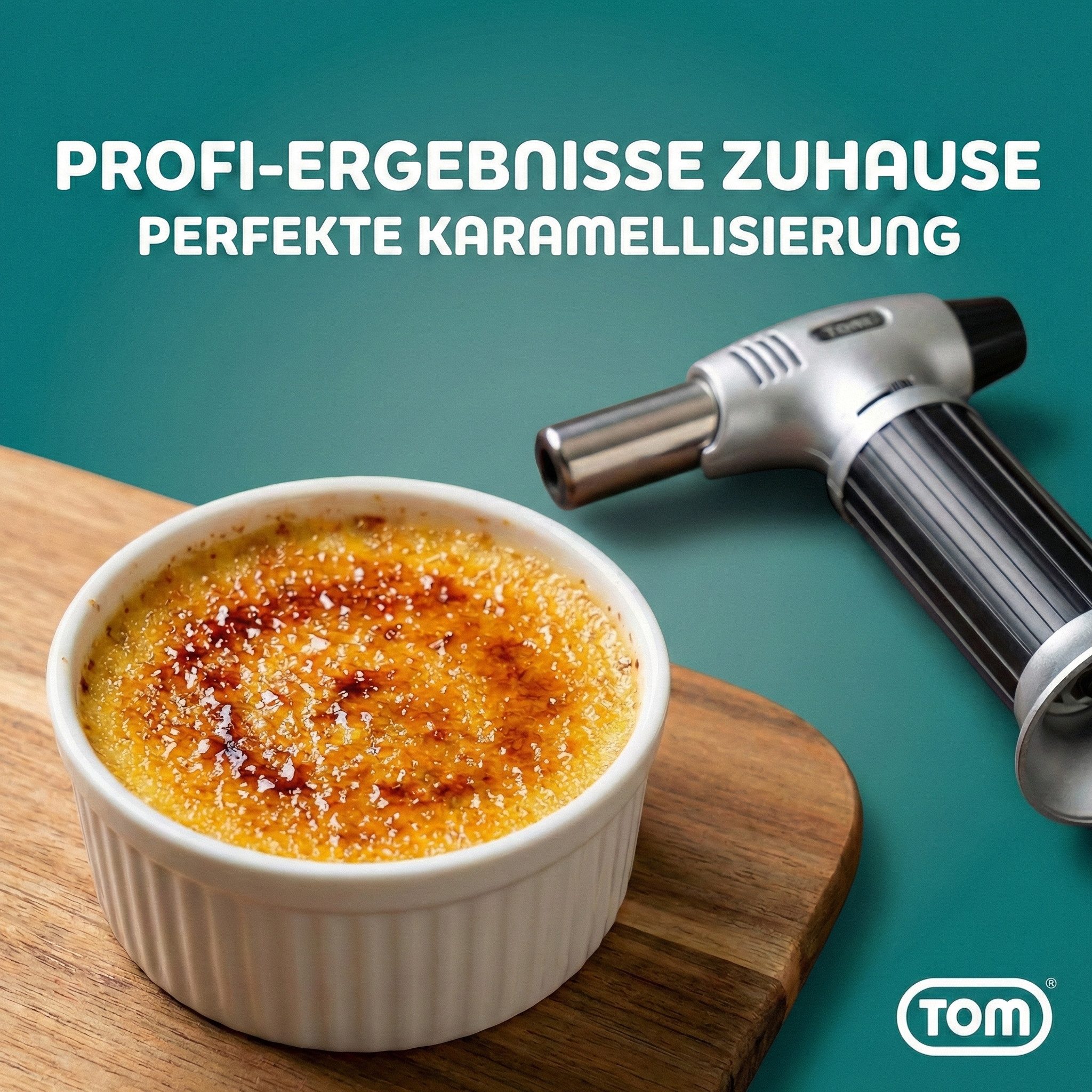 TOM Flambierbrenner Crème Brulée Brenner mit 1 x 100ml Gaskartusche, (2-tlg), 1300°C, Piezozündung – Bild 4 von 5