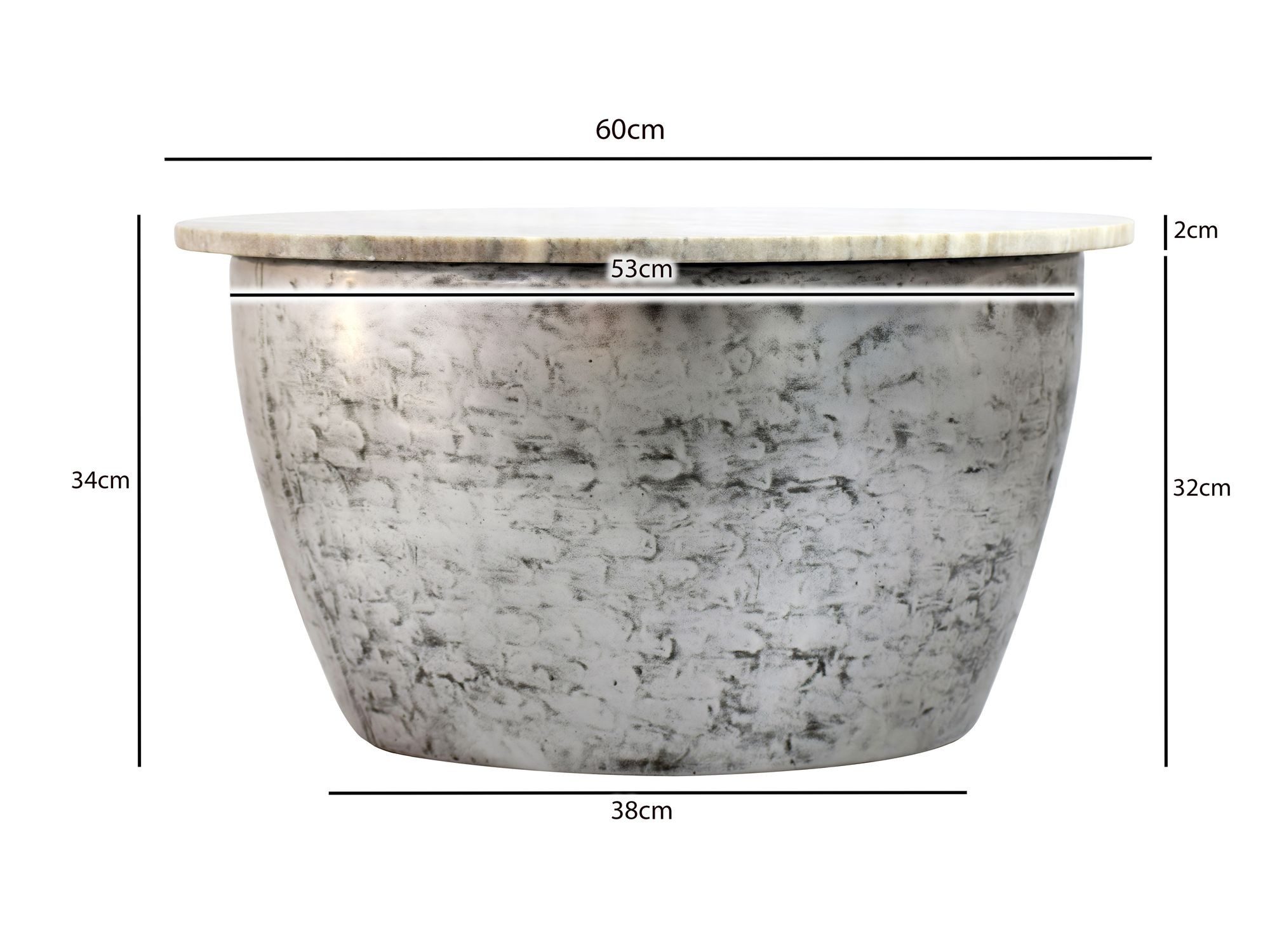 FINEBUY Couchtisch FB116731 Sofatisch Marmor Wohnzimmertisch 60cm rund Tisch Handmade (Extravaganter Tisch in moderner Trommelform), Weiße Marmorplatte auf massivem Eisen