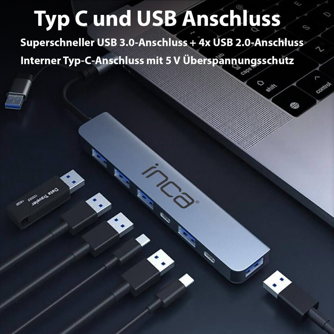 INCA IUTP-7T USB-Adapter USB-C Stecker zu USB-A Buchse, USB-C Buchse, USB-C Hub 5-in-1 mit 100 W PD und Aluminiumgehäuse
