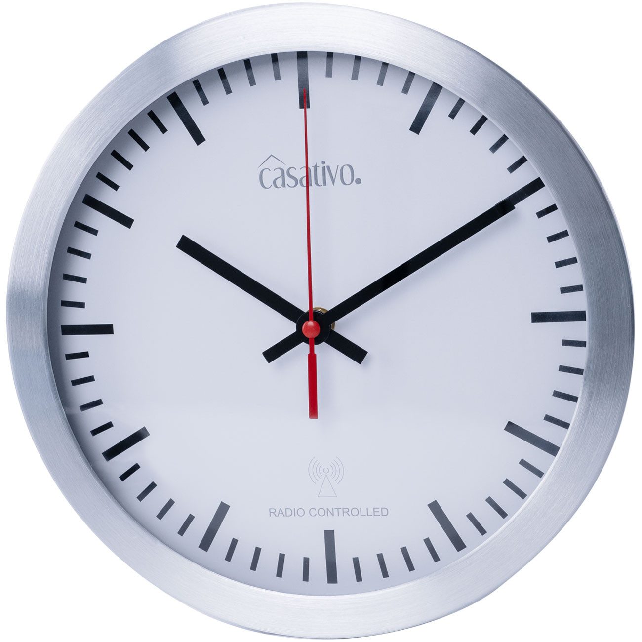 Casativo Funkwanduhr Funk Wanduhr Ø25cm Alu Glas automatische Wanduhr mit DCF-Empfang (automatischer Zeiteinstellung/Batteriebetrieb/für Wohnzimmer&Büro)