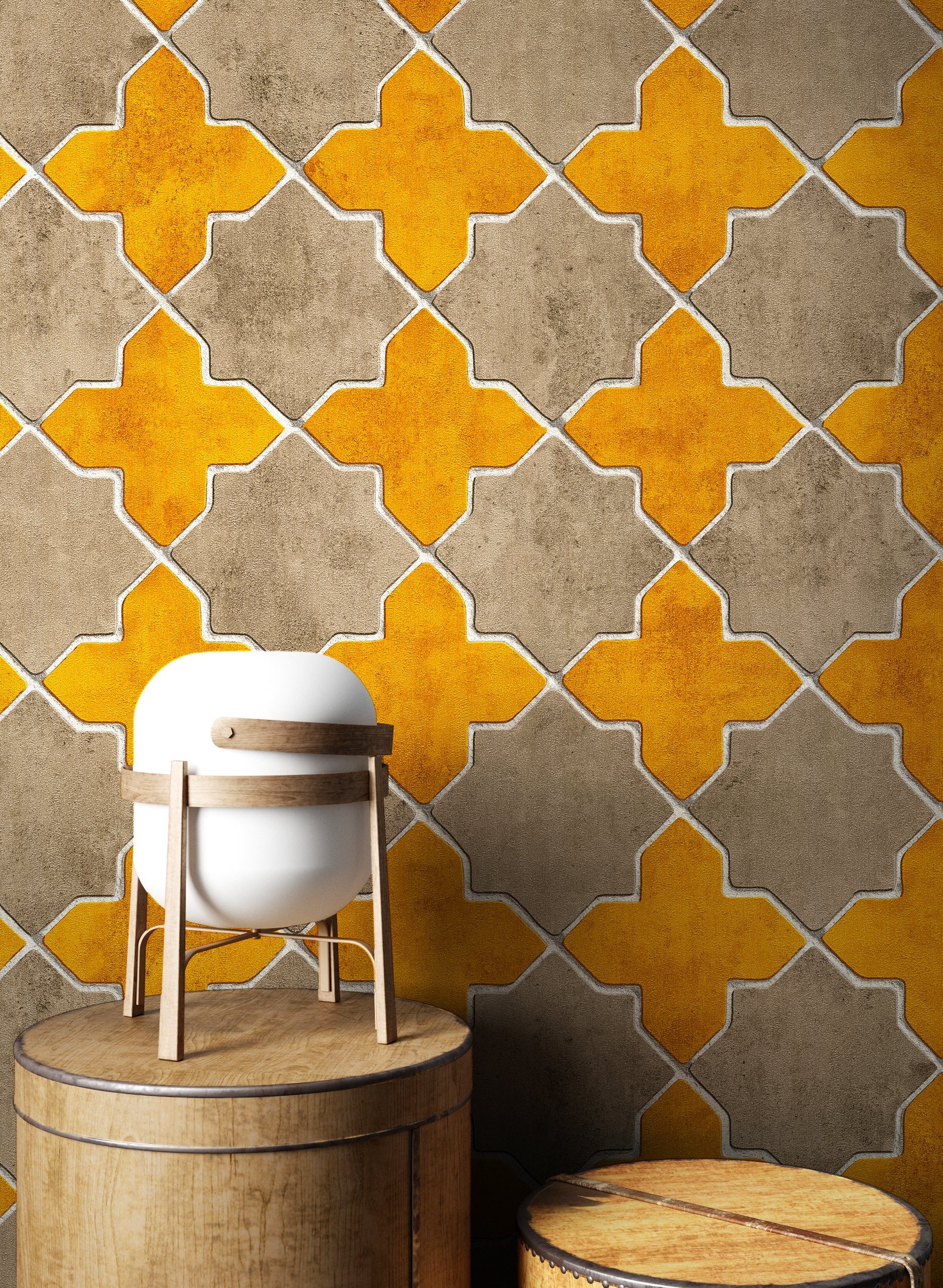 Newroom Vliestapete, Gelb Tapete Fliesen Modern - Fliesenoptik Mustertapete Grau Weiß Mosaik Grafisch für Schlafzimmer Küche Wohnzimmer
