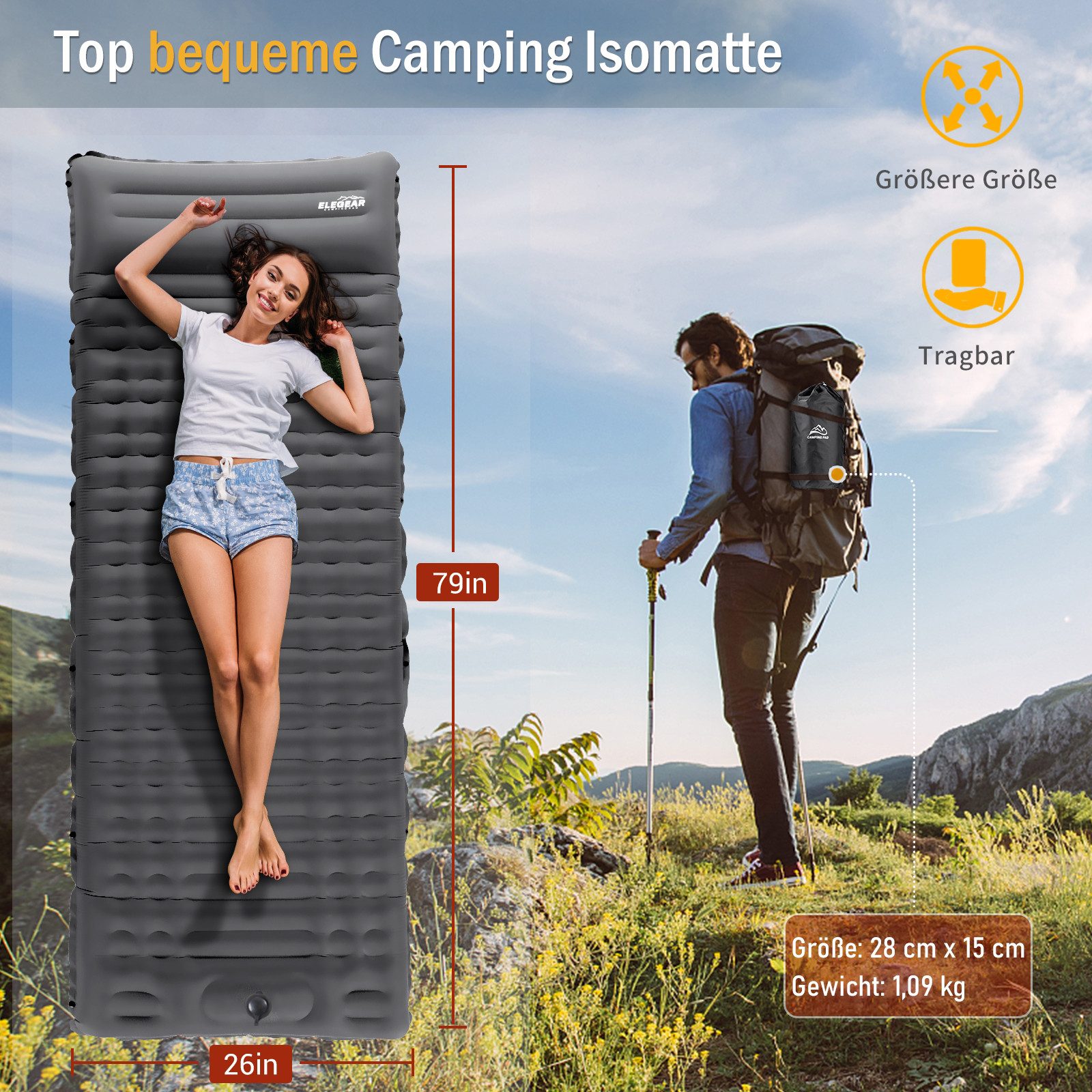 Elegear Isomatte 10cm dicke Campingmatte, 200×65/140CM Aufblasbar Superleicht, (1-tlg), Camping Isomatte Schlafmatte, leicht zu tragen, camping zubehör