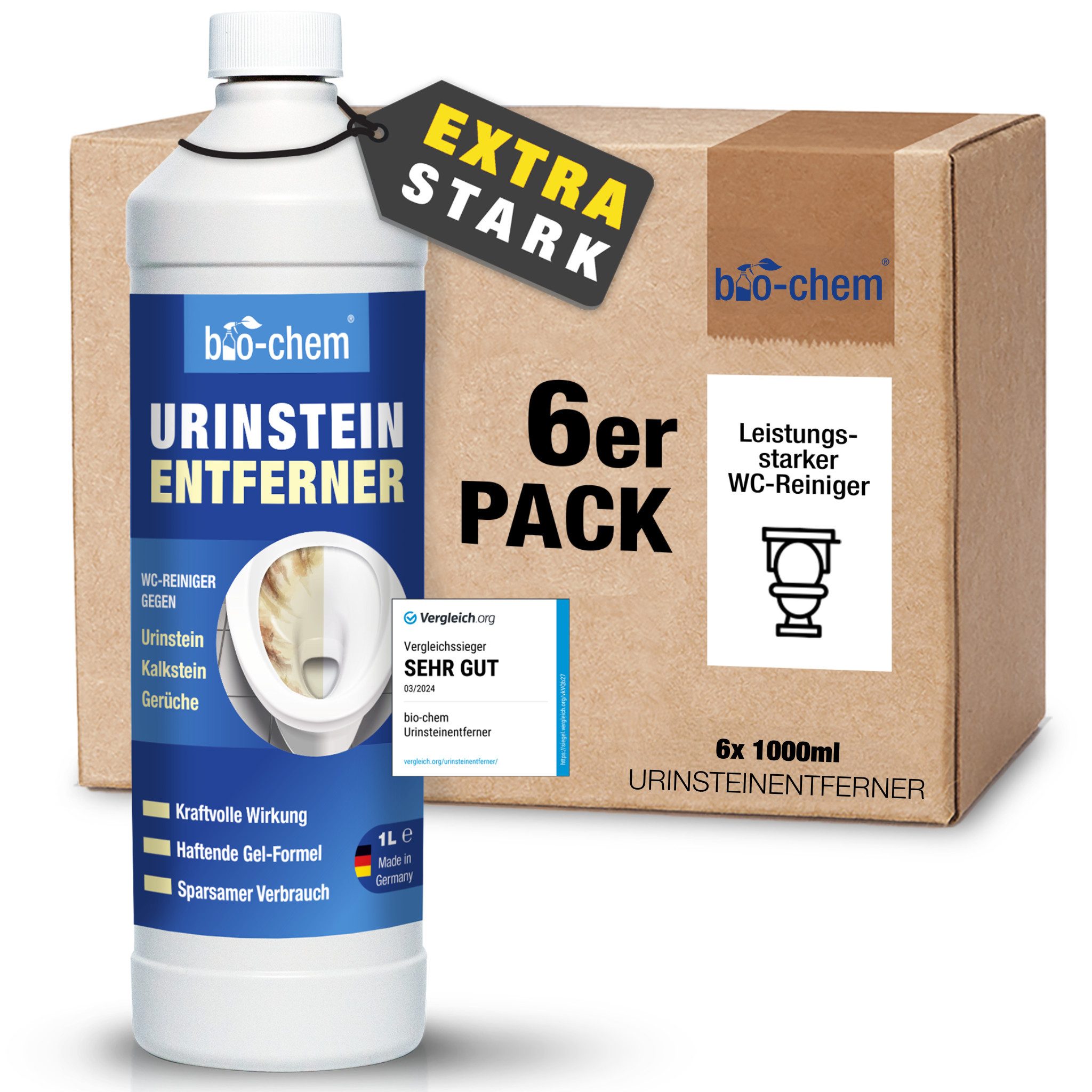 bio-chem bio-chem Urinsteinentferner EXTRA STARK 6x1000 ML inkl. Schrägdüse WC-Reiniger (Sparpaket, [- Urinsteinentferner 6x 1 l + Schrägdüse Profi WC-Reiniger für hartnäckigste Ablagerungen & Urinstein)