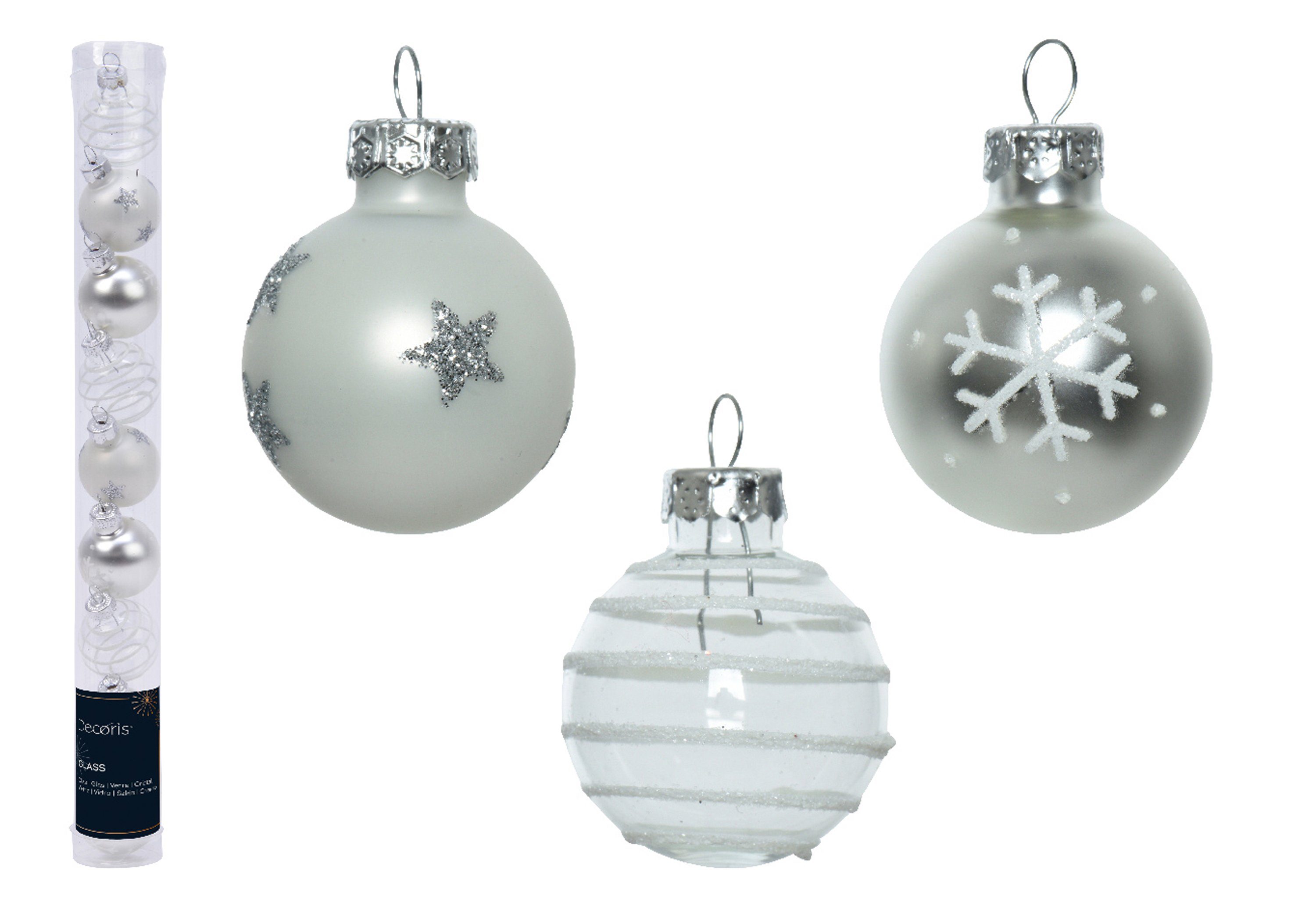 Decoris season decorations Weihnachtsbaumkugel, Weihnachtskugeln Glas mit Motiven 3cm silber Mix, 9er Set