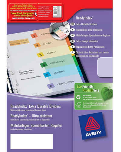 Avery Zweckform Etikett A4 Ordner Register 5-teilig Trennblätter farbig, PC beschriftbar bedruckbar für A4 Drucker