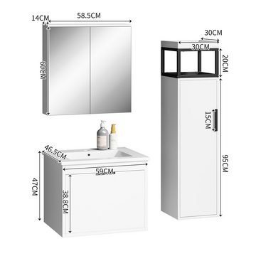 PFCTART Badezimmer-Set Waschbeckenunterschrank hängend 60cm breit, (1x Waschtischunterschrank 1x Waschbecken 1x Badezimmerspiegel), mit Keramikwaschbecken Spiegelschrank weiß