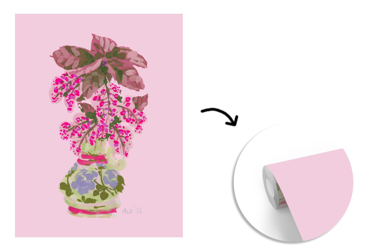 bedruckt, - Tapete (4 MuchoWow Vase für Matt, Rosa Pflanzen, Wohnzimmer, - Fototapete Vinyl Montagefertig - Blumen St), Wandtapete