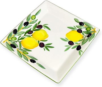 Lashuma Servierplatte Zitrone Olive, Keramik, (1-tlg., 27 x 27 cm), Quadratischer Obstteller mit Zitronen Oliven Design