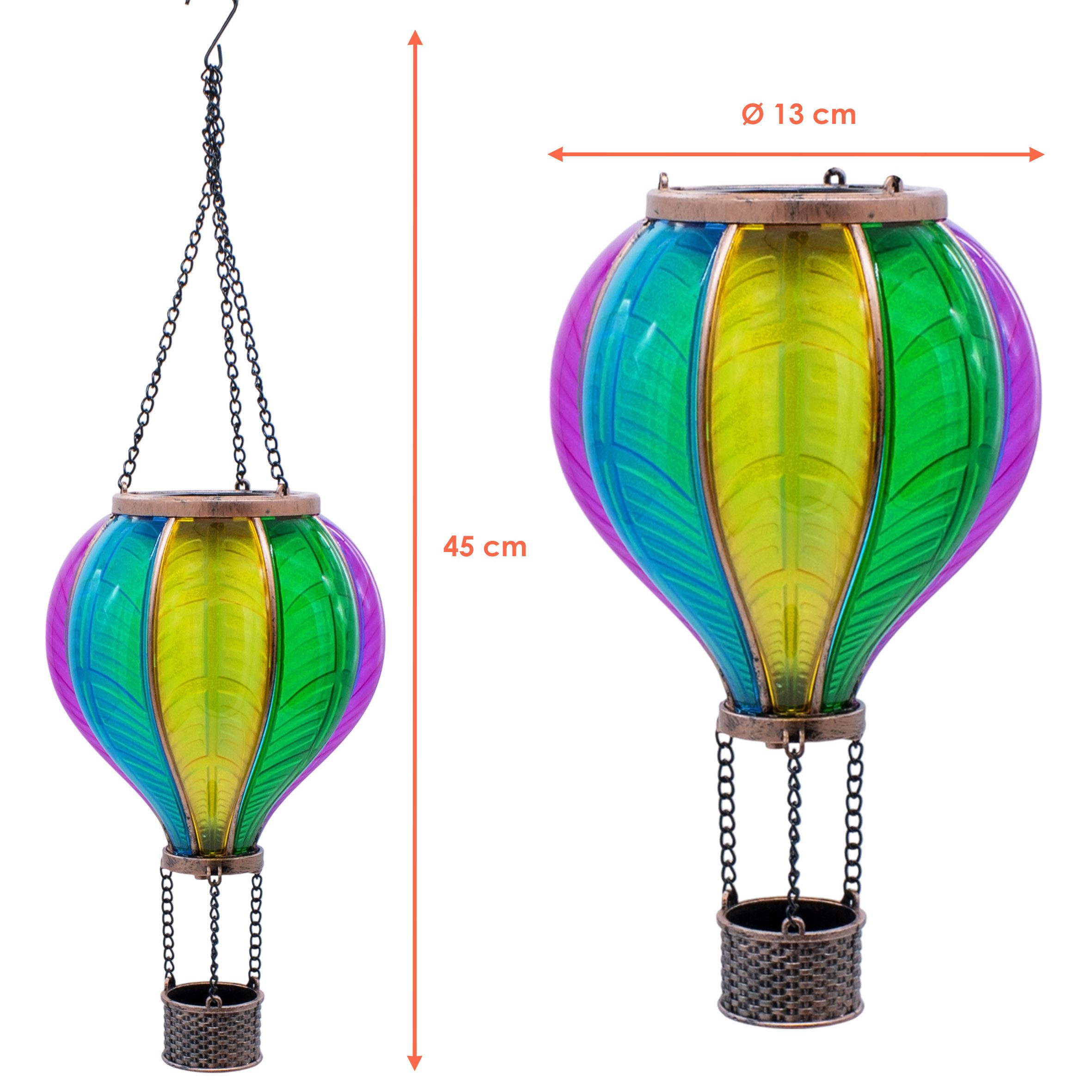 Spetebo LED Dekolicht Solar LED Heißluftballon bunt zum Hängen, Dämmerungssensor, LED fest integriert, warm weiß, Garten Lichtspiel mit Flammen Effekt warm weiß
