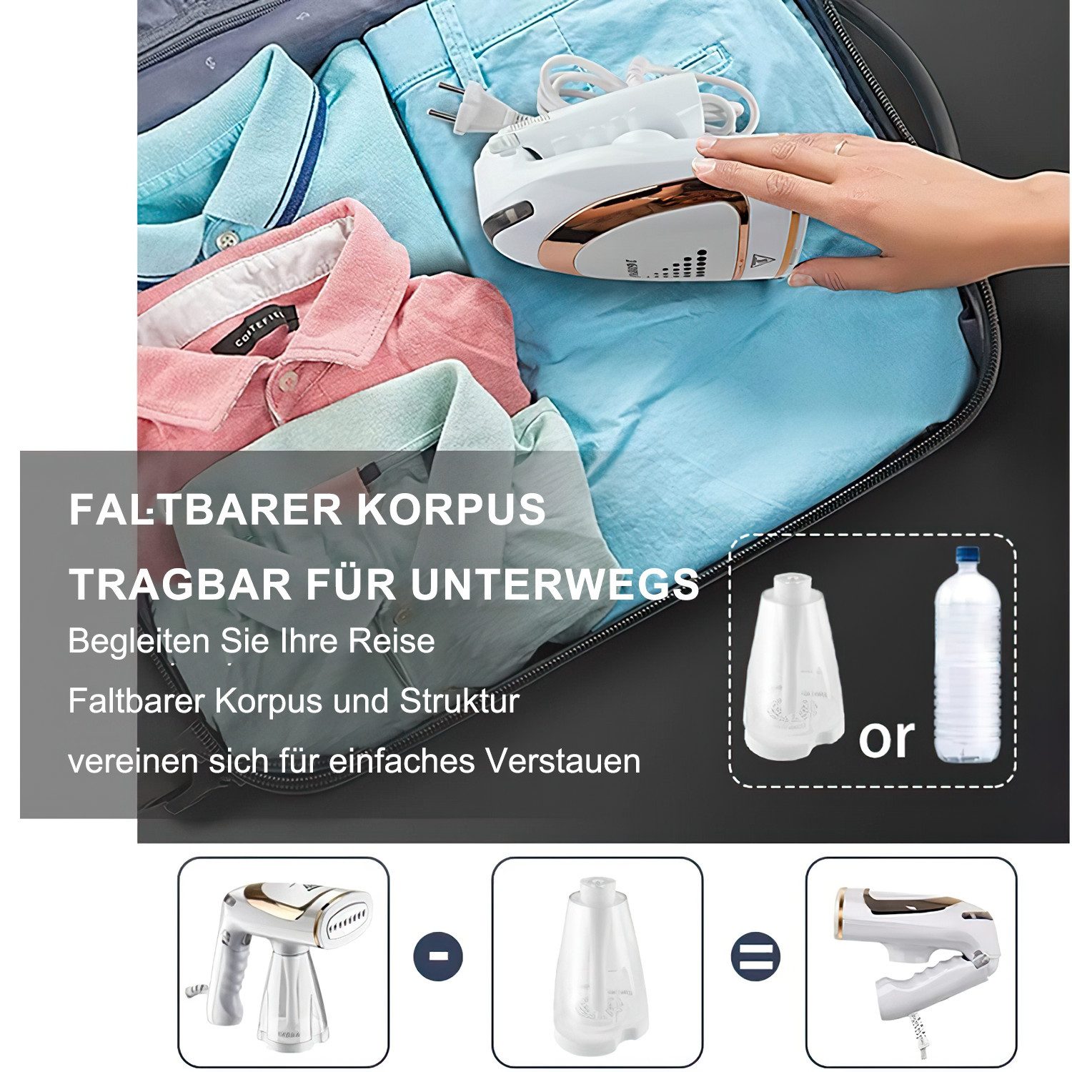 AIMAX Reise-Dampfbügeleisen Steamer Dampfglätter Reise 1600W Dampfbürste Dampfbügel 250ml, für Bügeln im Urlaub Hand Reisesteamer Handheld Handdampfer – Bild 2 von 5