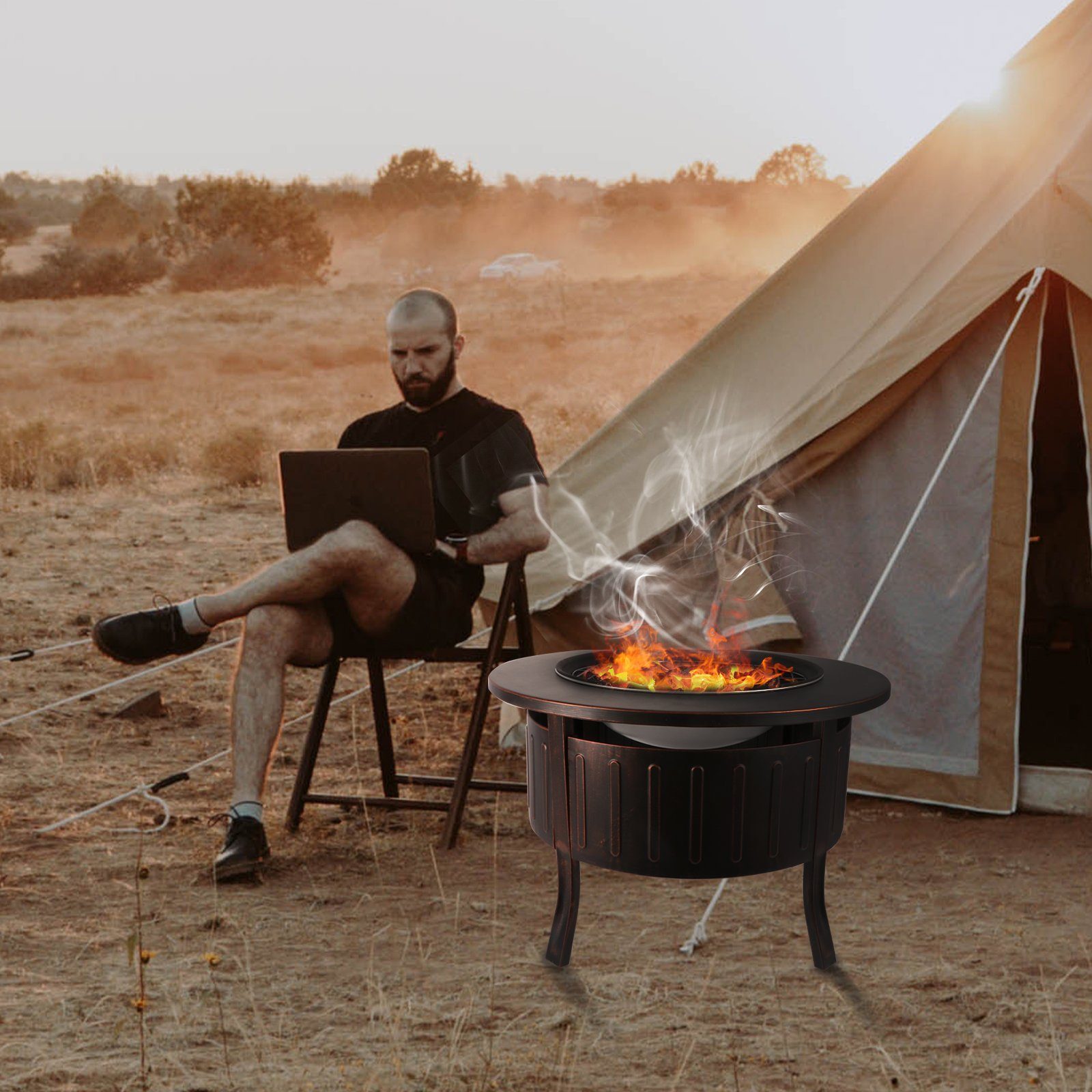 BIGTREE Feuerschale 3 in1 Feuerschalenfür,mit Funkenschutz Grillrost, BBQ
